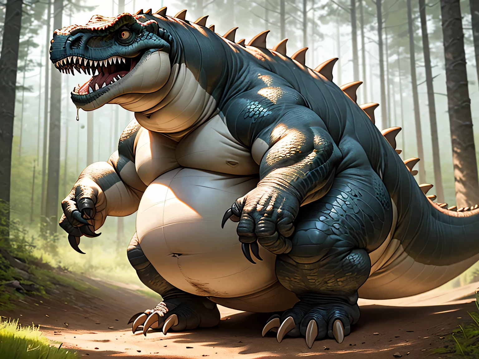 giant tyrannosaurus、dinosaur body shape、Realistic dinosaurs、mountain of fat、The body is buried due to fat、The stomach is triangular、、Extreme obesity、very thick fat、my stomach is on the ground、Stomach like a giant balance ball、fine eyes、loose belly、very very small face、head smaller than neck、old face、Thick and short thighs、very short legs、animal-like feet、fatty cheeks、thick and short arms、huge torso、thick neck、fat neck、sharp nails、feet covered in fat、black pointed scales、scales that cover the whole body、please open your mouth wide、lots of drool、thick and long tail、sharp white fangs、thick twisted corners、huge penis、Thick and long male genitalia、huge oval scrotum、abdomen covering male genitals、forest background、have a bowel movement、Poop、