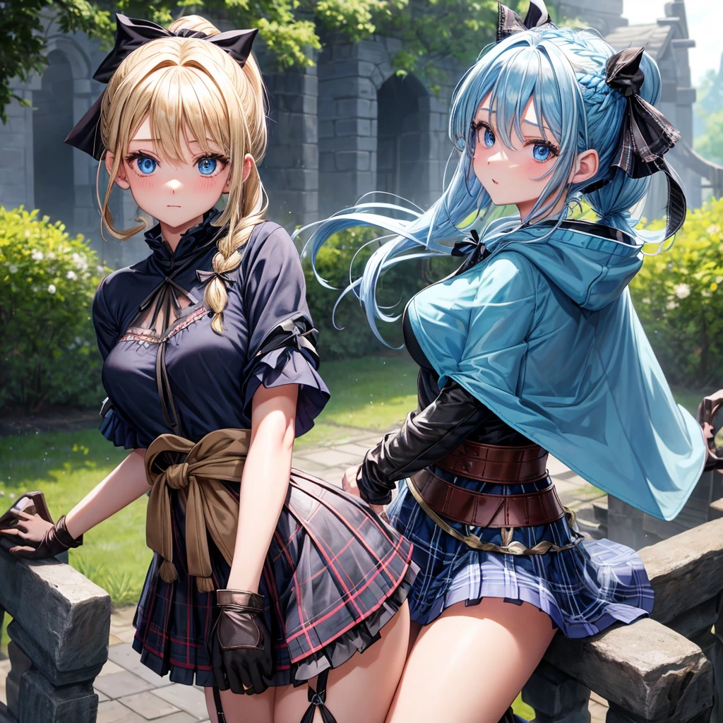 patina hair、blue eyes、Braid、ponytail、one good looking girl、solo、anime、Plaid miniskirt、camisole、black t-shirt、Tilting your face、Doing the ribbon、Ribbon at waist、Raising legs、cloak、the ground is cracked、Crystal Grotto、wearing a hood、look back、bullet、Baibai