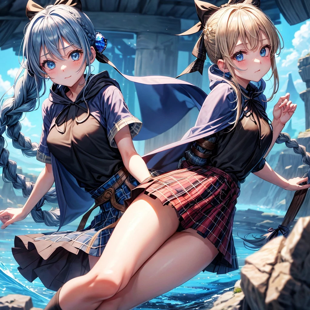 patina hair、blue eyes、Braid、ponytail、one good looking girl、solo、anime、Plaid miniskirt、camisole、black t-shirt、Tilting your face、Doing the ribbon、Ribbon at waist、Raising legs、cloak、the ground is cracked、Crystal Grotto、wearing a hood、look back、bullet、Baibai