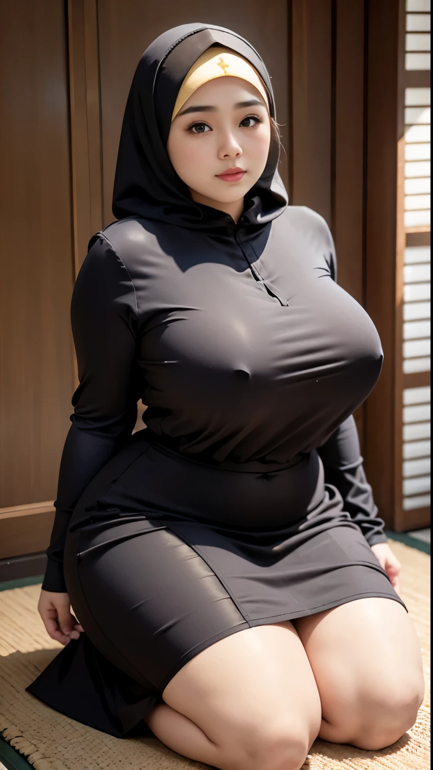 there is a woman kneeling down with a brown hijab, bbwchan, thicc, brown hijab outfit, brown hijab fashion model, korean girl, korean woman, wearing brown robe, full length shot, alluring plus sized model, japanese goddess, clothed in hooded, voluptuous and arousing, portrait shot, curvy model, voluptuous body, wonderful, nene tanaka body , bbwchan