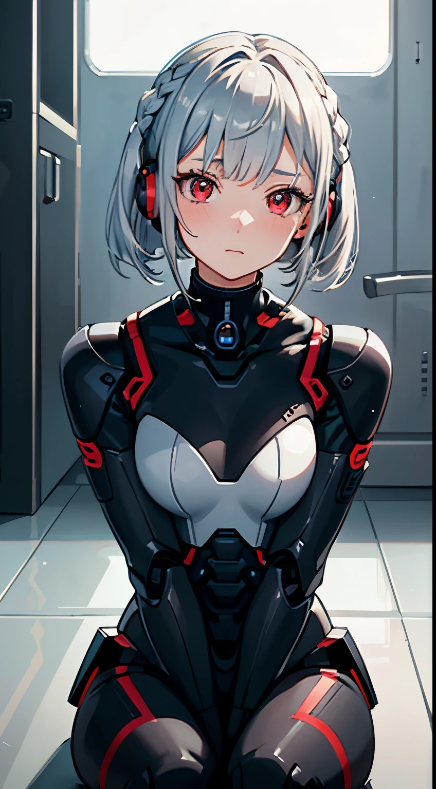 1 Close-up of the girl, Android, female, mecha girl, earphone, ball joint, silver hair, red eyes, Bob Carter, braid, sitting, hands on face, Awkward, blush, concept art, beautiful anime scene, beautiful anime scenery, Highest rated on pixiv, best quality, 4K