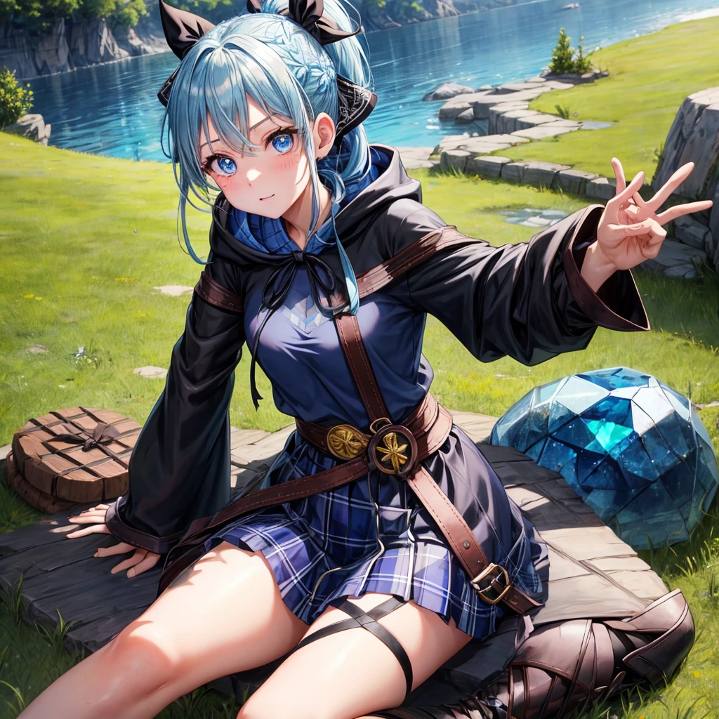 patina hair、blue eyes、Braid、ponytail、one good looking girl、solo、anime、Plaid miniskirt、camisole、black t-shirt、Tilting your face、Doing the ribbon、Ribbon at waist、cloak、the ground is cracked、Crystal Grotto、wearing a hood、look back、Baibai、sitting