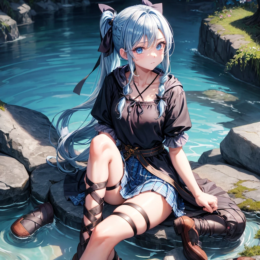 patina hair、blue eyes、Braid、ponytail、one good looking girl、solo、anime、Plaid miniskirt、camisole、black t-shirt、Tilting your face、Doing the ribbon、Ribbon at waist、cloak、the ground is cracked、Crystal Grotto、wearing a hood、look back、Baibai、sitting