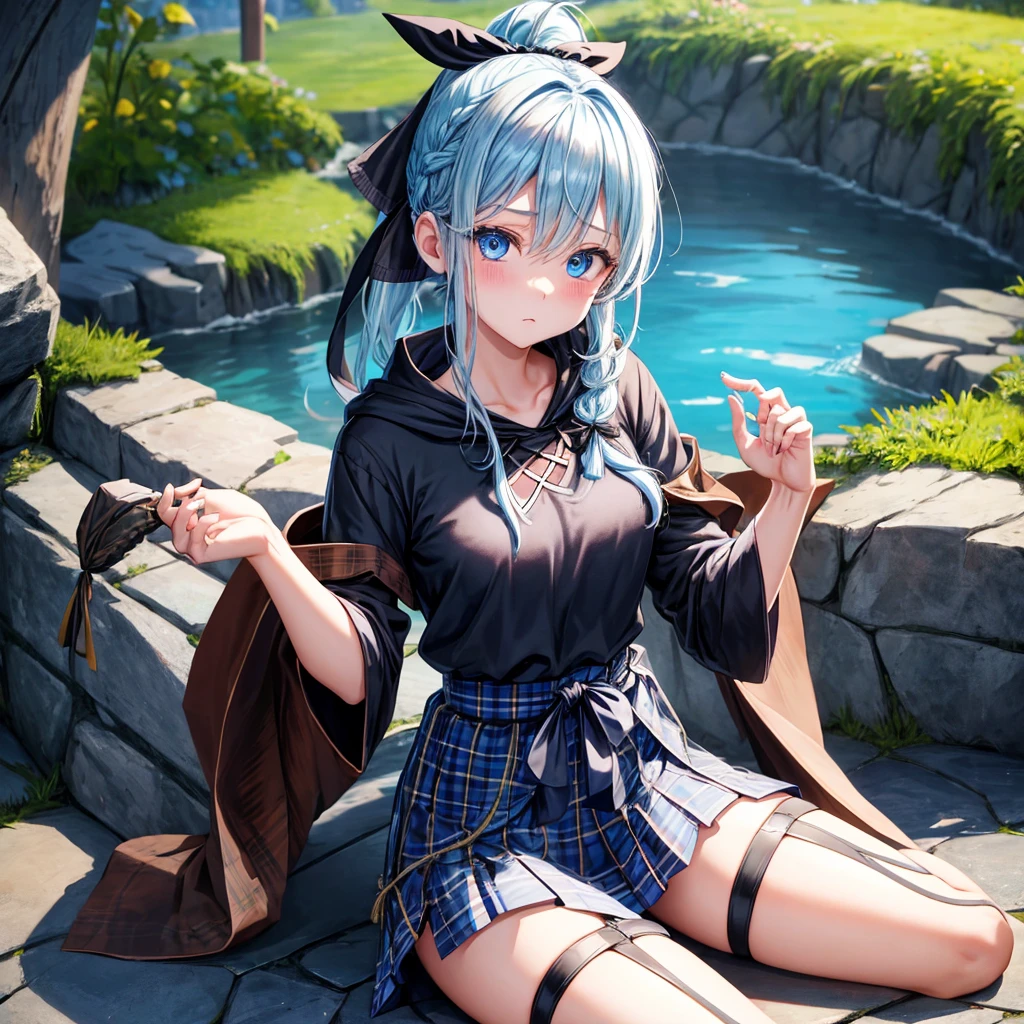 patina hair、blue eyes、Braid、ponytail、one good looking girl、solo、anime、Plaid miniskirt、camisole、black t-shirt、Tilting your face、Doing the ribbon、Ribbon at waist、cloak、the ground is cracked、Crystal Grotto、wearing a hood、look back、Baibai、sitting