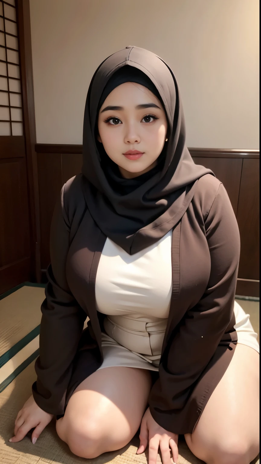 there is a woman kneeling down with a brown hijab, bbwchan, thicc, brown hijab outfit, brown hijab fashion model, korean girl, korean woman, wearing brown robe, full length shot, alluring plus sized model, japanese goddess, clothed in hooded, voluptuous and arousing, portrait shot, curvy model, voluptuous body, wonderful, nene tanaka body , bbwchan 