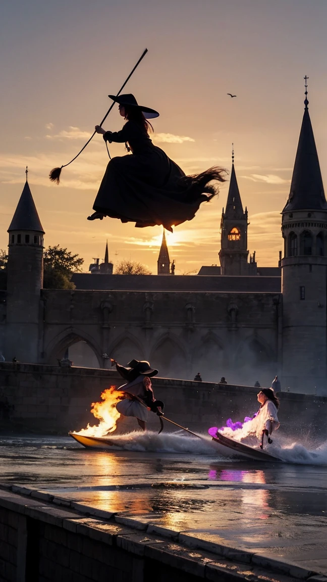 Three witches are racing on flying broomsticks