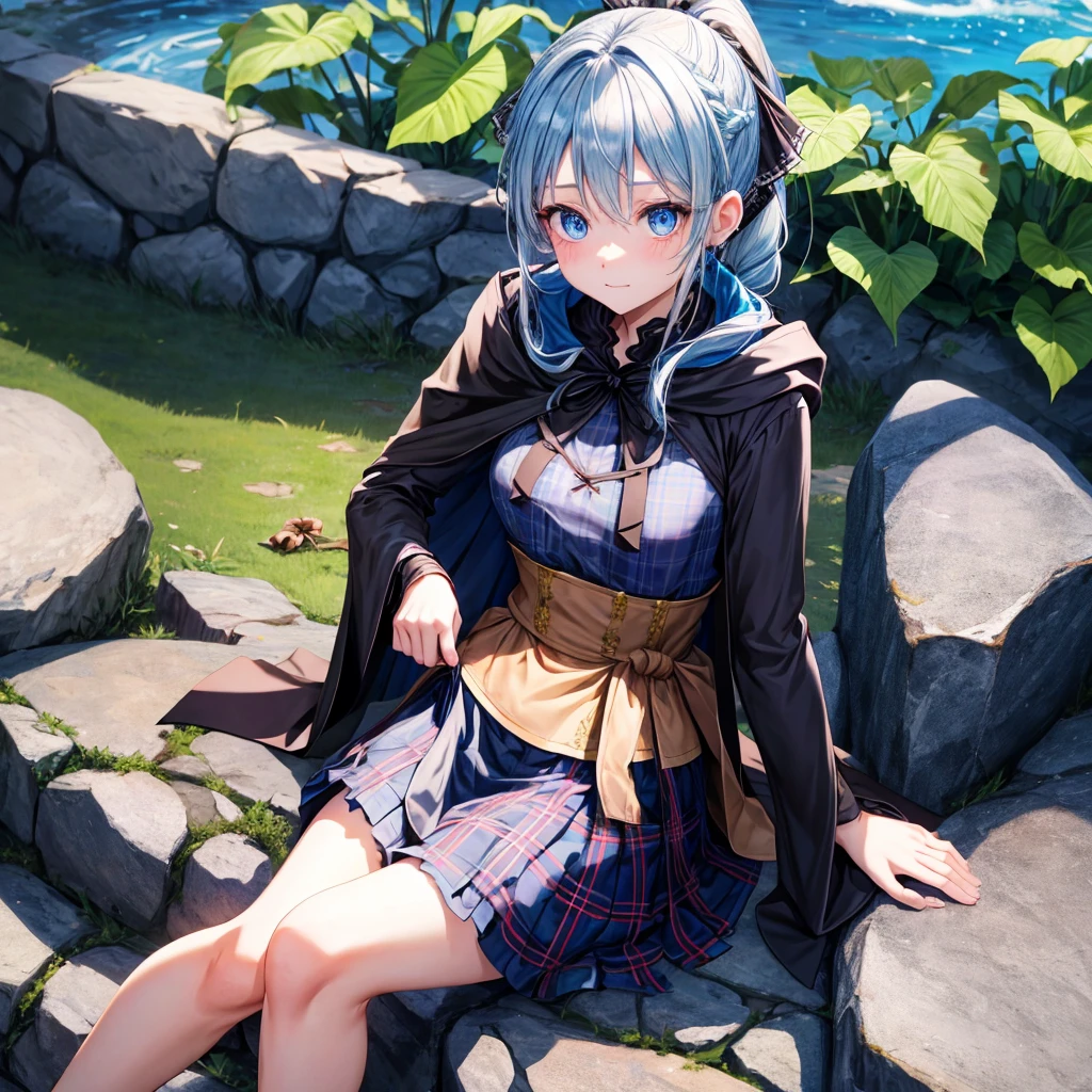 patina hair、blue eyes、Braid、ponytail、one good looking girl、solo、anime、Plaid miniskirt、camisole、black t-shirt、Tilting your face、Doing the ribbon、Ribbon at waist、cloak、the ground is cracked、Crystal Grotto、wearing a hood、look back、Baibai、sitting