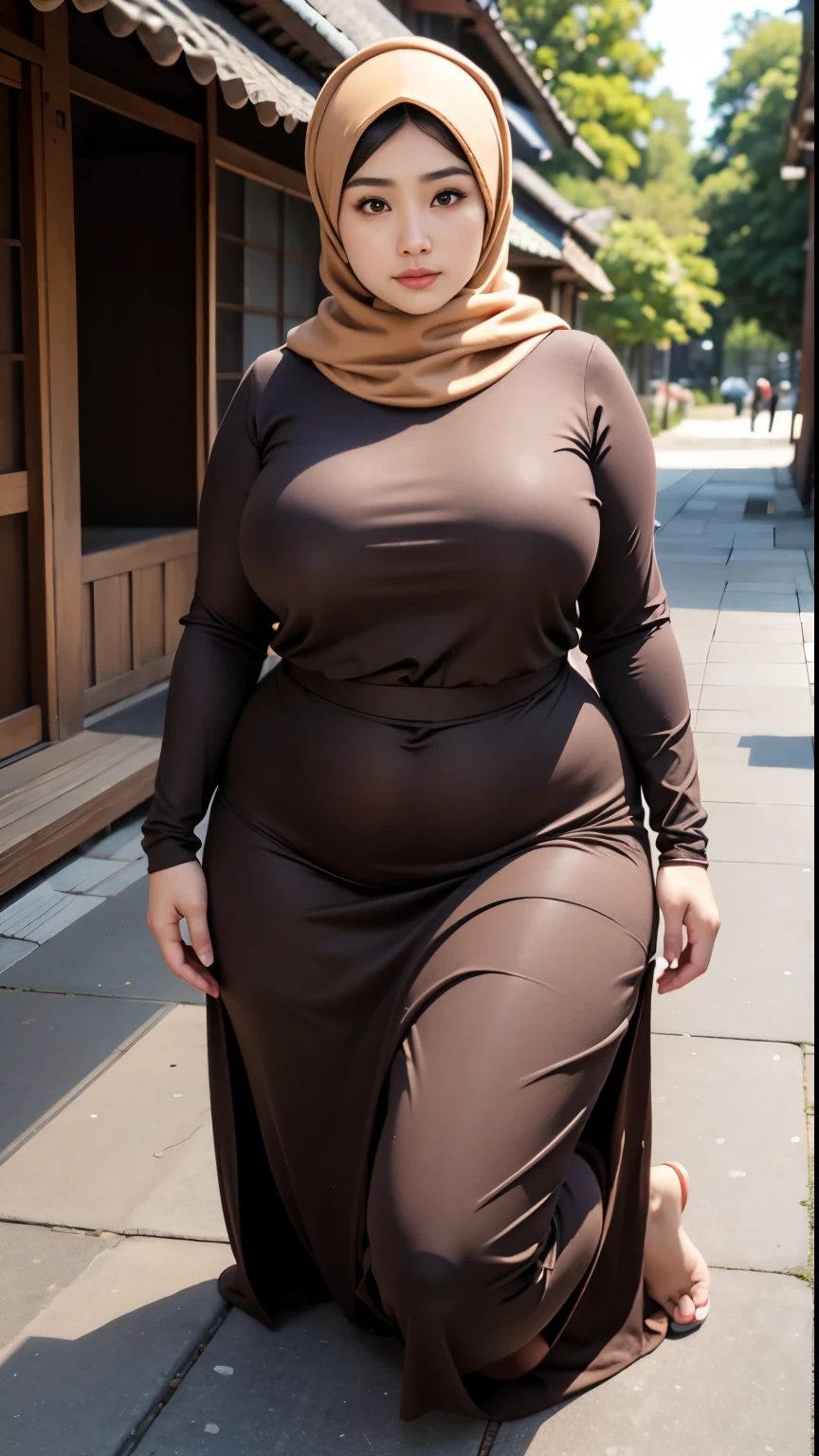 there is a woman kneeling down with a brown hijab, bbwchan, thicc, brown hijab outfit, brown hijab fashion model, korean girl, korean woman, wearing brown robe, full length shot, alluring plus sized model, japanese goddess, clothed in hooded, voluptuous and arousing, portrait shot, curvy model, voluptuous body, wonderful, nene tanaka body , bbwchan 