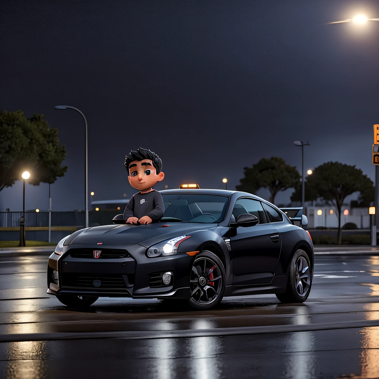 Descreva a cena de um jovem com capuz, wearing a black sweatshirt and jeans, standing on the sidewalk on a rainy night. He is looking at a shiny GTR R35 car passing on the road., Your admiration visible in your eyes. The light from the headlights reflects on the puddles of water around you, enquanto a chuva cai suavemente sobre ele. O som do motor potente ecoa no ar, misturando-se ao som da chuva. The boy remains motionless, captured by the elegance and speed of the car, dreaming of the day when you can be behind the wheel of such an impressive machine.