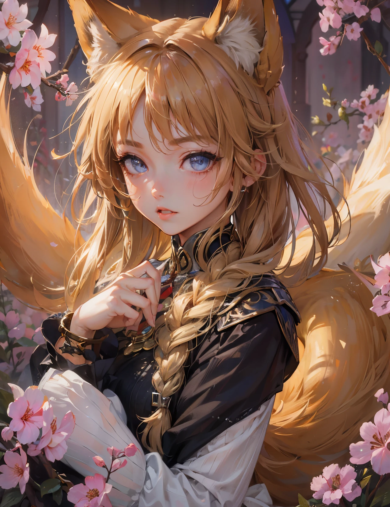 high quality,hd,16k,sharp line,1girl,fox girl ,cute face, large breasts ,nice legs,,focus girl,detailed beautiful face,detailed clothes,beautiful eyes,pretty,dynamic angle