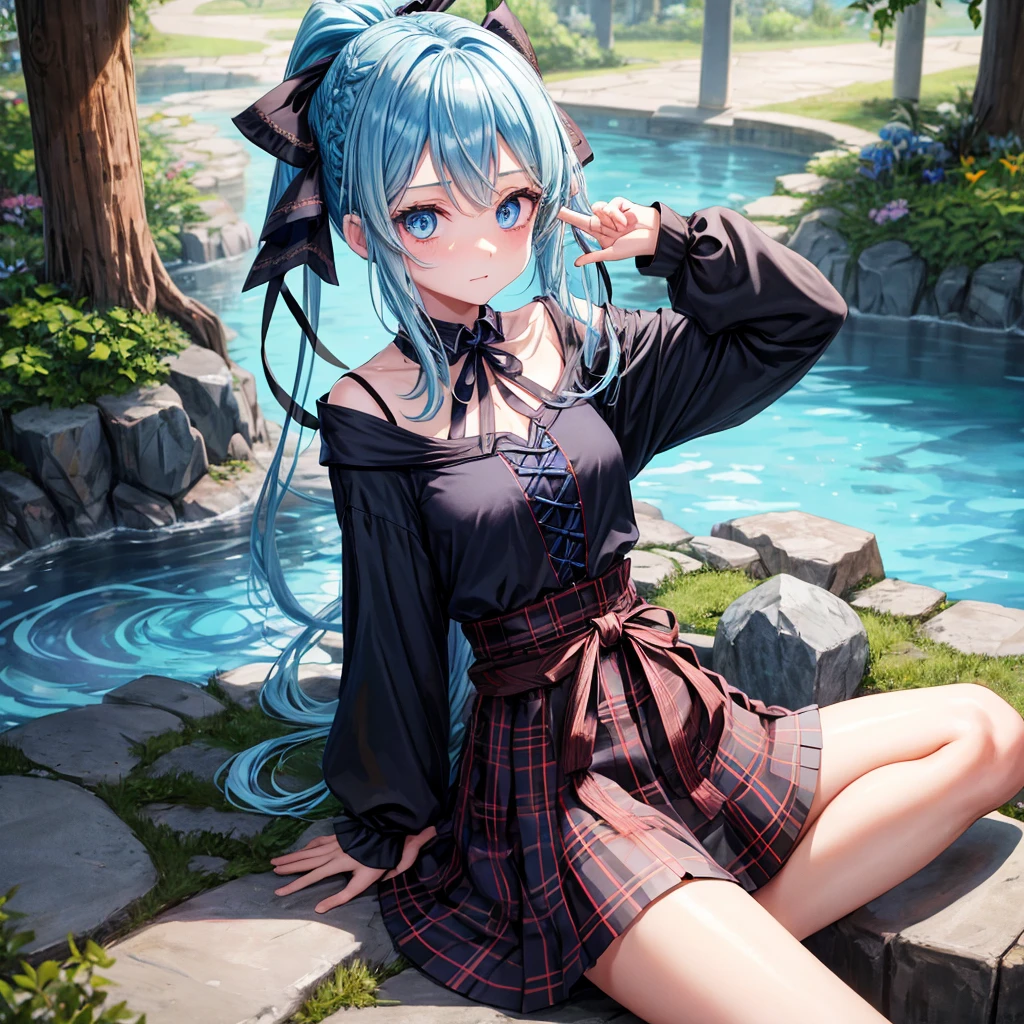 patina hair、blue eyes、Braid、ponytail、one good looking girl、solo、anime、Plaid miniskirt、camisole、black t-shirt、Tilting your face、Doing the ribbon、Ribbon at waist、cloak、the ground is cracked、Crystal Grotto、wearing a hood、look back、Baibai、sitting