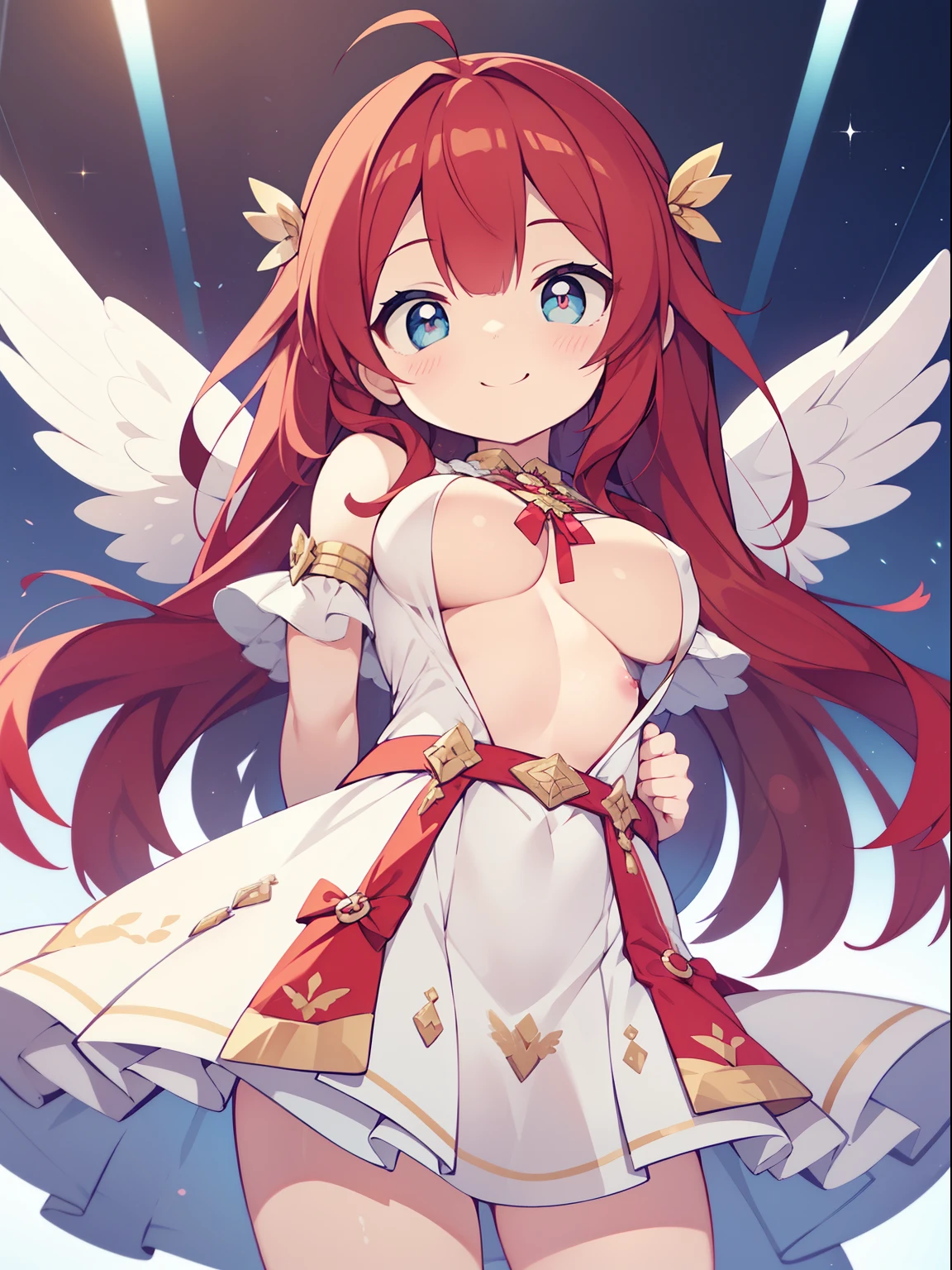 (angel girl:1.2), (1 person:1.2),(10 year old girl)、young girl、big breasts、 nffsw、shader、highly detailed eyes、big breasts、loose and fluffy long hair,、side boob、Glossy cleavage、Red hair、angel wings、silky hair、Angel attire(White thin fabric、plain colors、mini skirt、plain colorsのシルク手袋)、very complex pupil of the eye、highest quality、bright colors、Bust 100、rests、Standing picture of the game、Stirring composition、Composition looking up from below、Lift your with your hands、Pose that emphasizes the chest、fold your arms、grinning expression、eyes half closed、open your mouth、stinky eyes、evil face、Bullish smile、fold your hands behind your back、Hide your hands、evil smile、whole body、美新new、god々new
