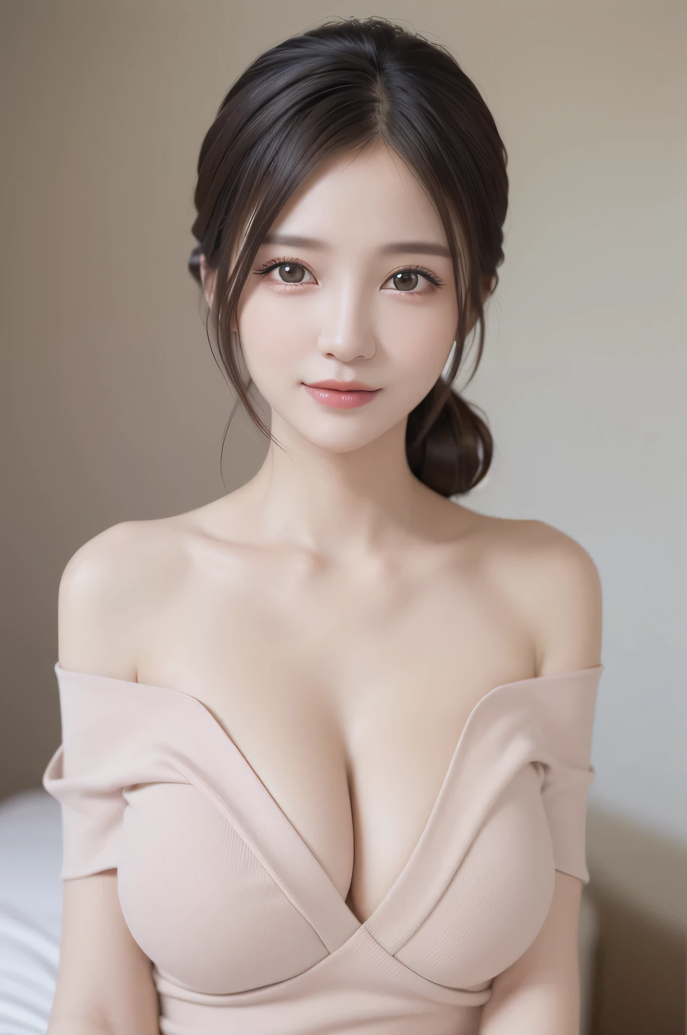 1woman, Updo hairstyle, (Ultra realistic, high res), (highly detailed eyes, highly detailed hair, highly detailed face, highly detailed plump lips), (off shoulder with open breasts), breasts, upper body, caute smile, (best quality:1.4), Raw photo, (realistic, photo-realistic:1.37), professional photography, cinematic light, (fine face: 1.2),