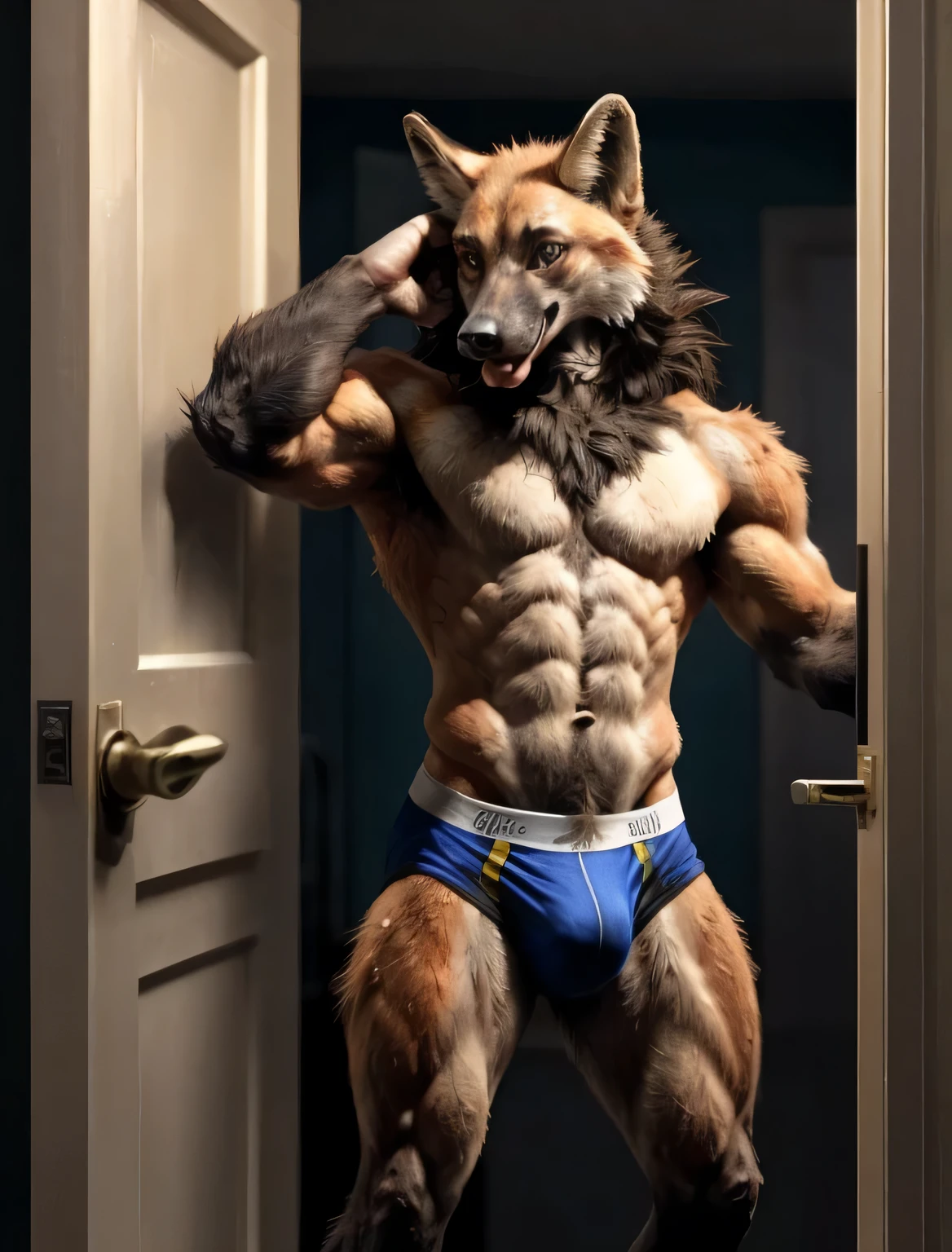 anthro (maned wolf), male, muscular, solo, abs, ((athletic build)), jockstrap, bulge, five fingers, correct hands, natural pose, standing, frat boy, tongue out, detailed background, ((bedroom)), blue eyes, ((bare torso)), smile ((by taran fiddler)), grabbing bulge, (realistic fur, detailed fur texture:1.2), hyperrealistic, ultradetailed, ((standing in doorway)), one arm over head, natural lighting