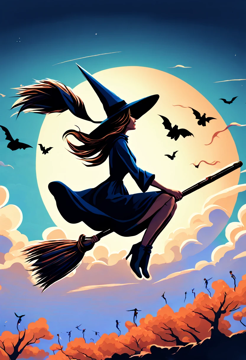 (sit on a broom:1.5) witches flying in the sky with their brooms and hats, concept art by Alexander Kucharsky, shutterstock, fantasy art, wraiths riding in the sky, sky witch, flying on the broom, rob rey, fantasy illustrations, realistic fantasy illustration, wlop and rhads, flying in sky, high fantasy illustration, fantasy art behance, jen bartel