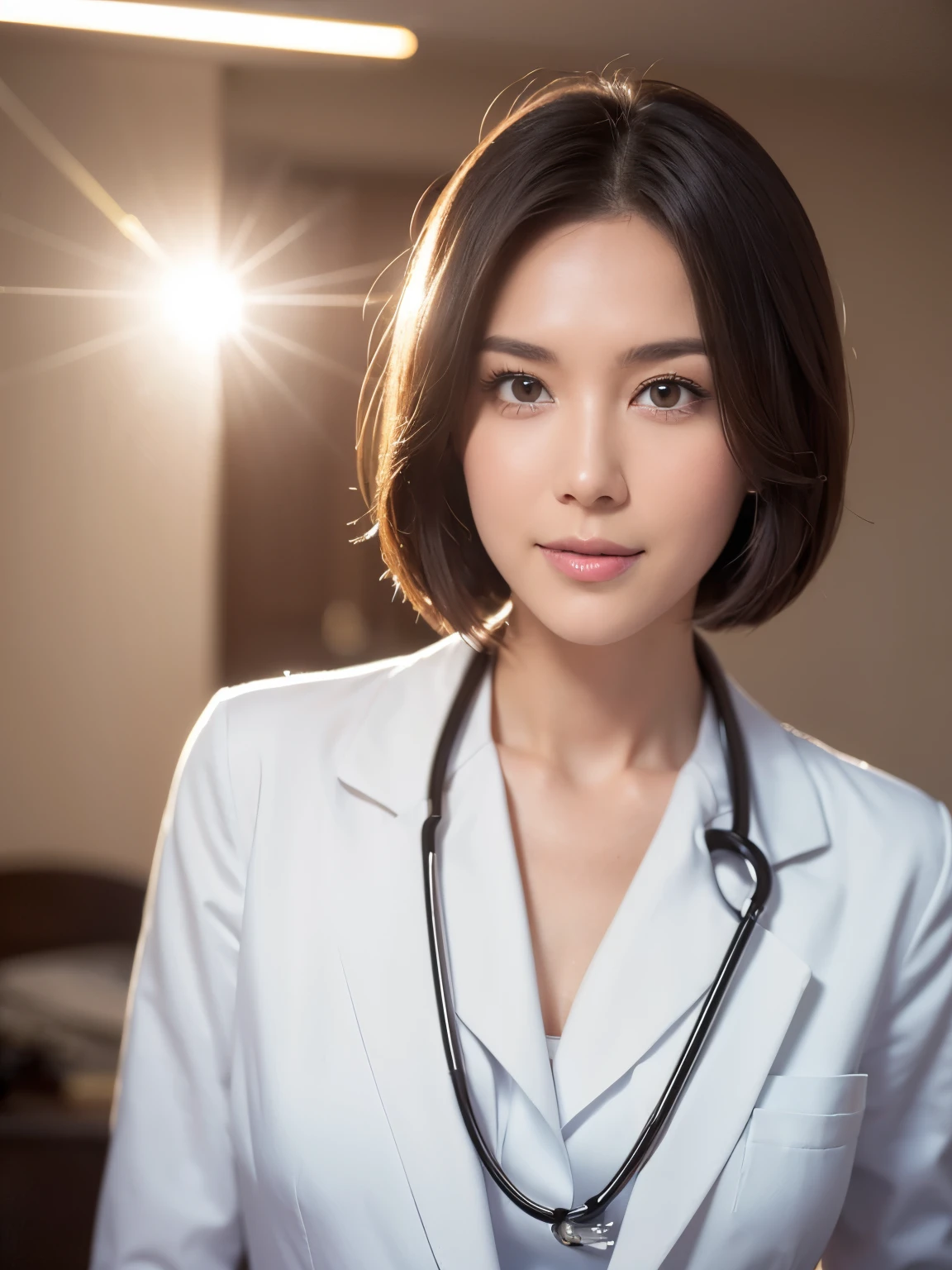 General Hospital, black short hair, black eyes, 1 girl, doctor, Stethoscope on neck, smile, innocent, 100mm lens, (realistic, Lens flare:1.4), look to the right,  as doctor, uniform, (intricate details:1.2),(masterpiece, :1.3),(highest quality:1.4), (ultra high resolution:1.2), ultra high resolution, (fine eyes), (detailed facial features), HDR, 8K resolution, (Stethoscope), Vision, reflections on floor, Low-cut open cross