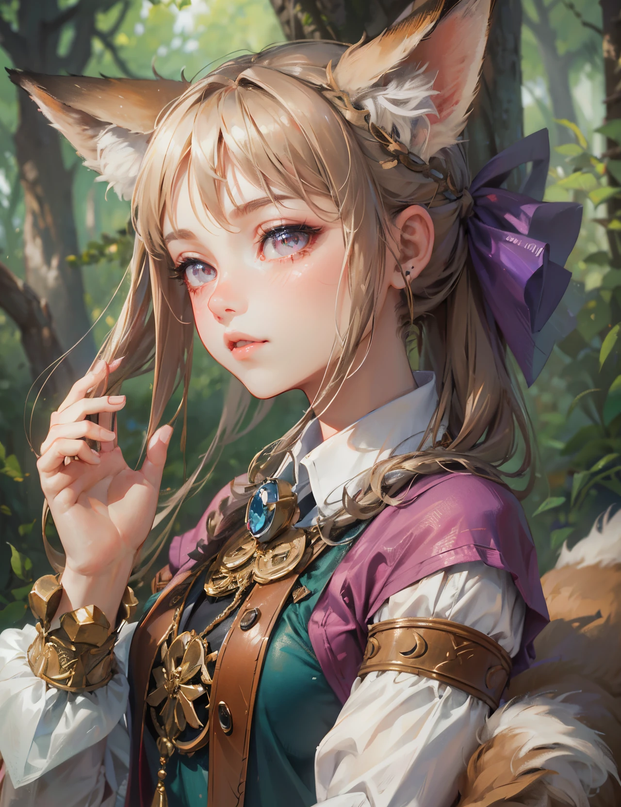 high quality,hd,16k,sharp line,1girl,fox girl ,cute face, large breasts ,nice legs,,focus girl,detailed beautiful face,detailed clothes,beautiful eyes,pretty,dynamic angle