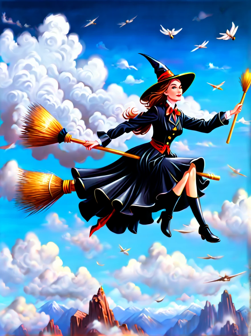 Beautiful female magician, (position sitting on a broom: 1.2), (driving a broom), (magic broom), (flying in the sky: 1.5), competition, multiple participants, shuttled through the clouds, competing fiercely, Chase, the vast sky and distant mountains,