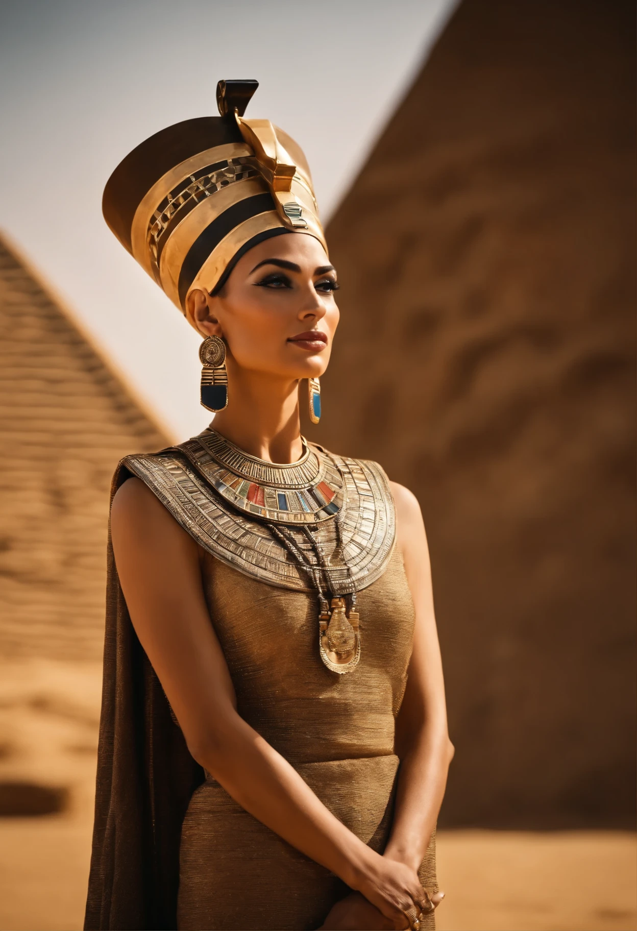 Hermosa y elegante reina Nefertiti de pie de cuerpo entero, background of the pyramids, happily proud and brave facial expression, Cara de Egipto, Oriente Medio, Detalles de accesorios intrincados con inscripciones de Ancient Egyption, Tiro completo de moda, sin cultivo, cinematic scene