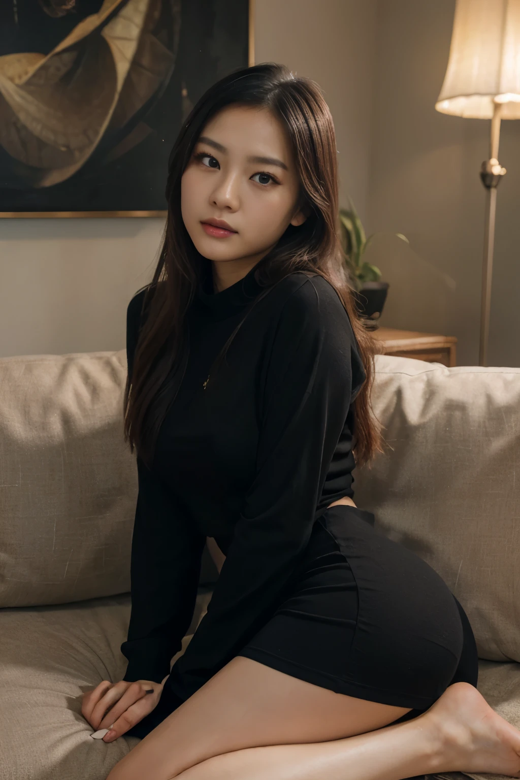 Cecilia Zhou, Chinese girl, teasing, in her living room on the couch, lying down, (best quality, detailed:1.2), (tight black clothes, teasing gaze), medium:oil painting, realistic lighting, vibrant colors, beautiful detailed face, long eyelashes, glossy hair, delicate fingers, cozy living room ambiance, studying, school girl