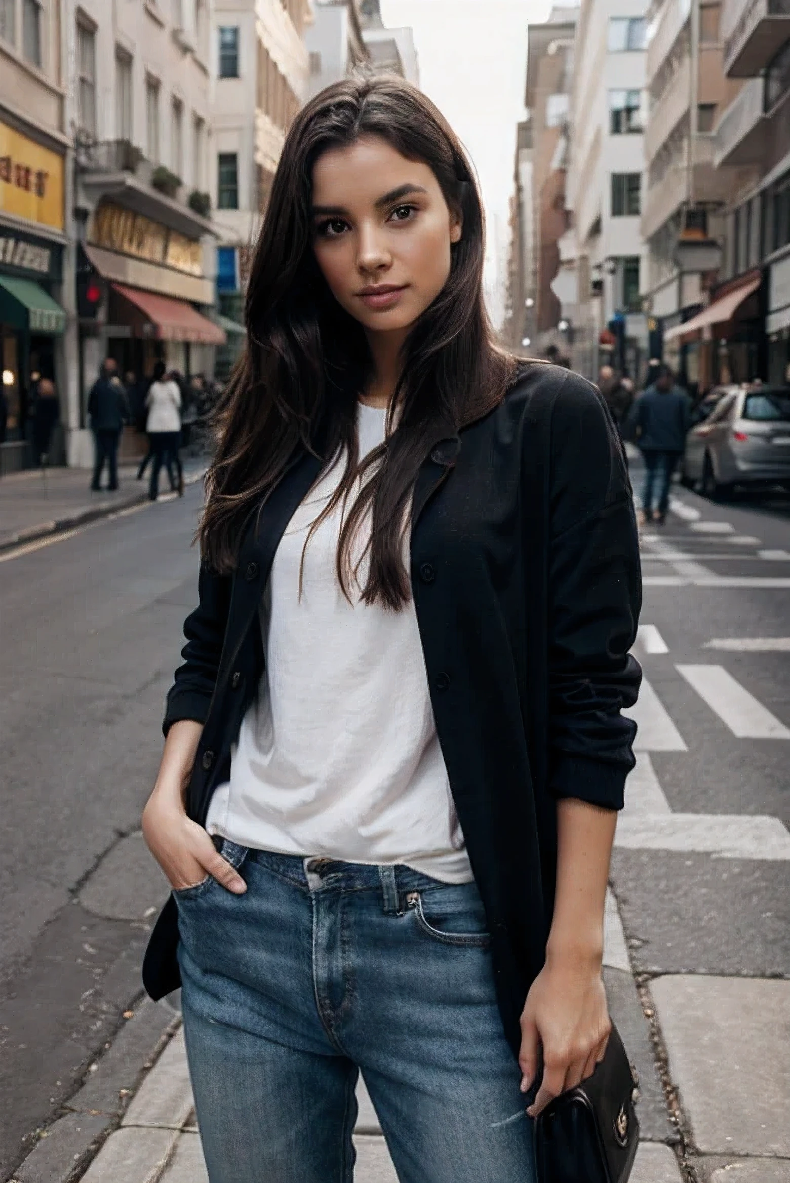 Arafed woman in a white shirt and black blazer standing on a city ...