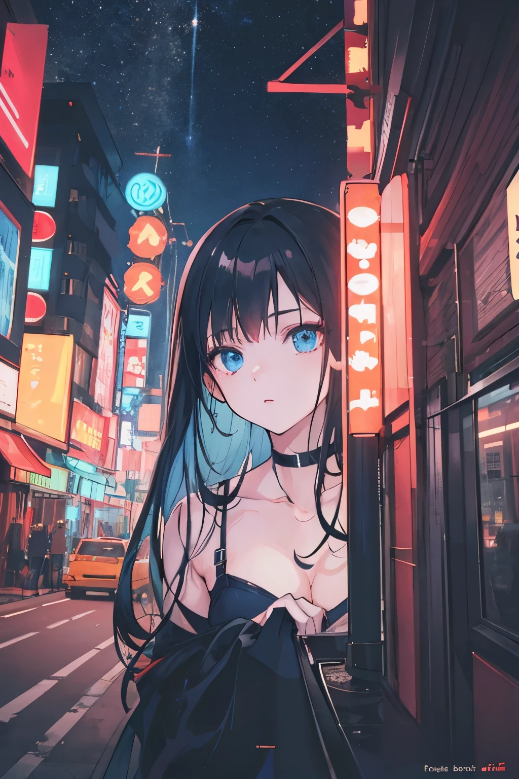 ((Best quality)), ((masterpiece)), (detailed), perfect face, black-haired girl, anime, city, night, neon signs, from bottom to up view, super detailed, realistically