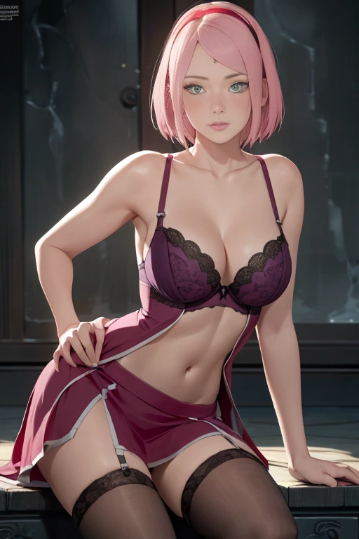 masterpiece, absurdres, sakura\(boruto\), 1girl, solo,mature female, gothic purple bra lenjerie, detailed gothic purple thong lenjerie, using skirt), perfect composition, detailed lips, breast, beautiful face, body propotion, blush, (pink lips), short hair, green eyes, soft gaze, super realistic, detailed, photoshoot, realistic face and body, thighhighs, full body, erotic pose, provocative pose, waiting sex pose