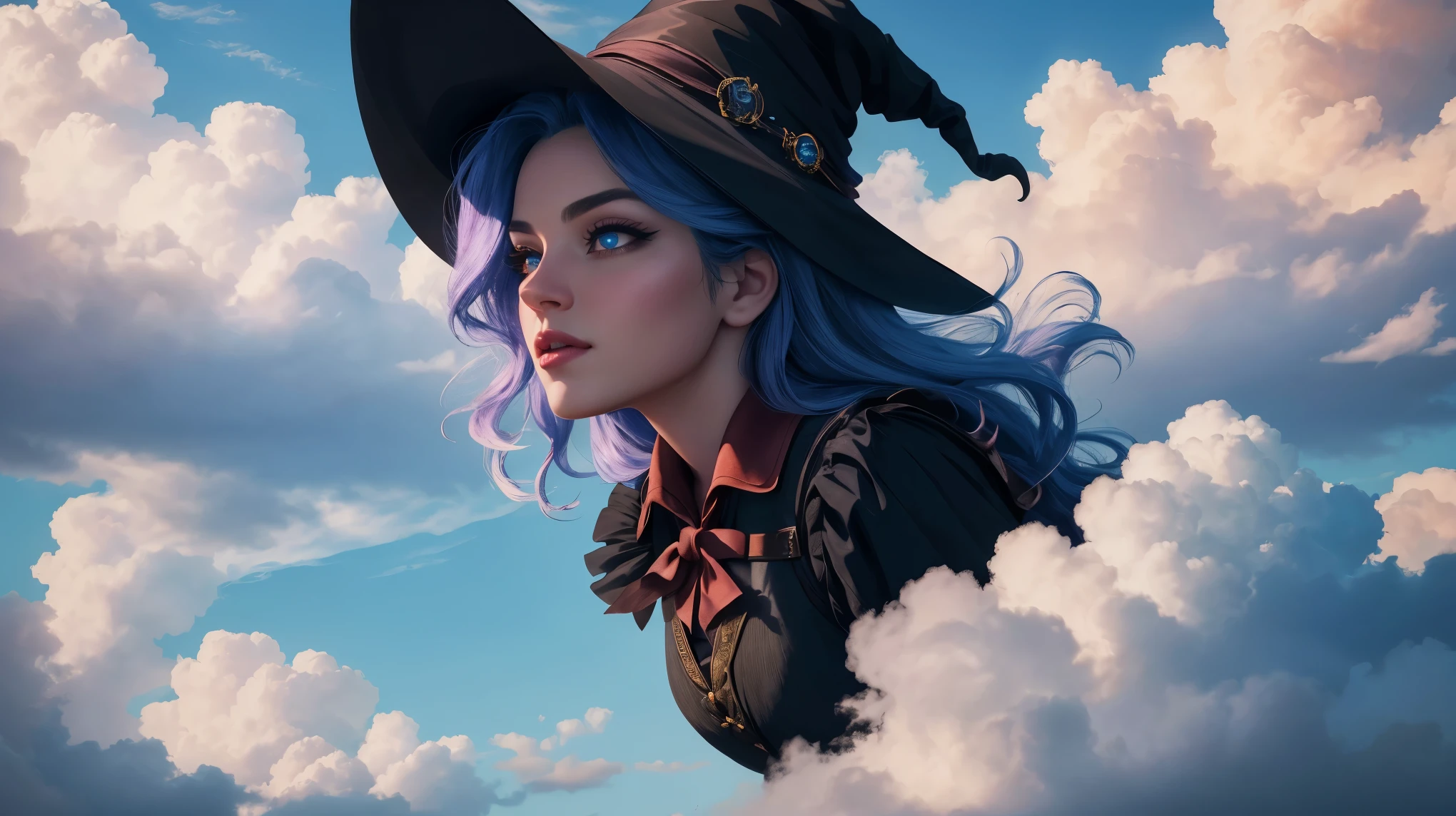 Witch side-sitting on a magical broom flying, majestic ascent, beautiful detailed eyes, beautiful detailed lips, extremely detailed eyes and face, long eyelashes, (best quality,4k,8k,highres,masterpiece:1.2), ultra-detailed, (realistic,photorealistic,photo-realistic:1.37), enchanting skyward journey, magical broomstick ride, whimsical side posture, mystical aerial display, wonderful cloud-filled sky, thrilling ride amongst clouds.