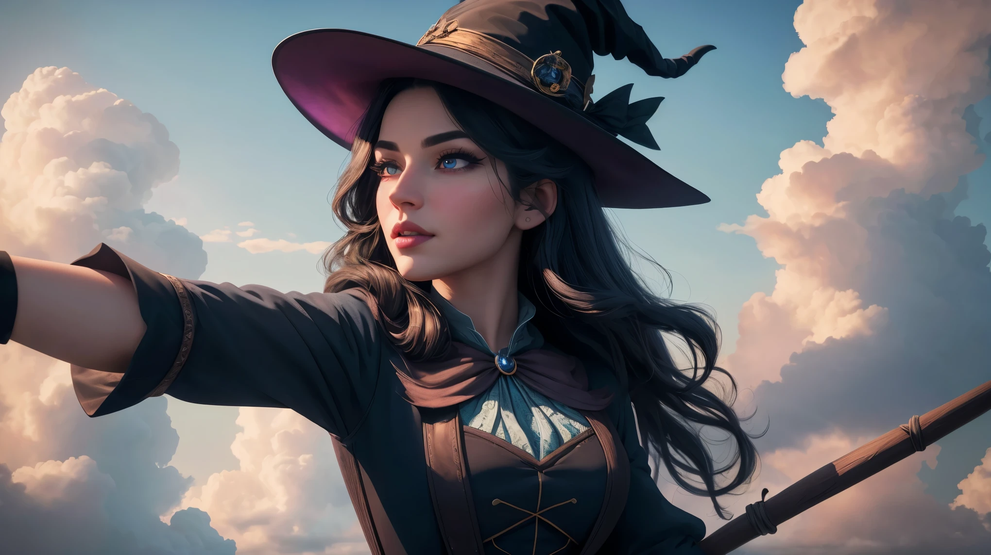 Witch side-sitting on a magical broom flying, majestic ascent, beautiful detailed eyes, beautiful detailed lips, extremely detailed eyes and face, long eyelashes, (best quality,4k,8k,highres,masterpiece:1.2), ultra-detailed, (realistic,photorealistic,photo-realistic:1.37), enchanting skyward journey, magical broomstick ride, whimsical side posture, mystical aerial display, wonderful cloud-filled sky, thrilling ride amongst clouds.
