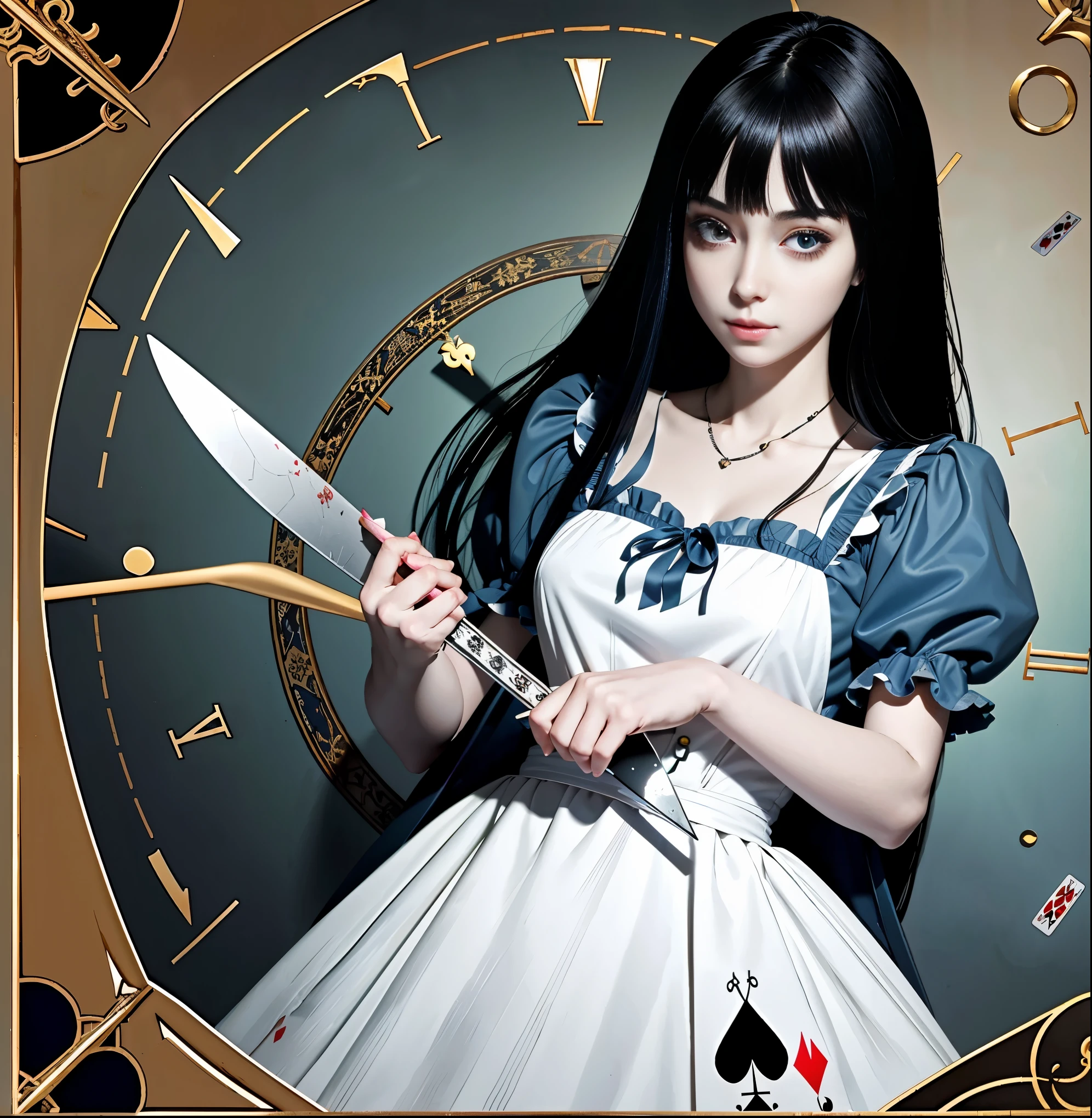 (masterpiece, highest quality)
alice horror, 1 girl, alone, black hair, wonderland background, butterfly、Alice with a large bloody knife in her hand、severed head figurine、(very big )、(big breasts 200.0)V-neck dress(bloody white dress and playing cards)creepy clock、cheshire cat、playing card rug、Flip up your skirt、Spooky doll、空中に浮かぶ時計版