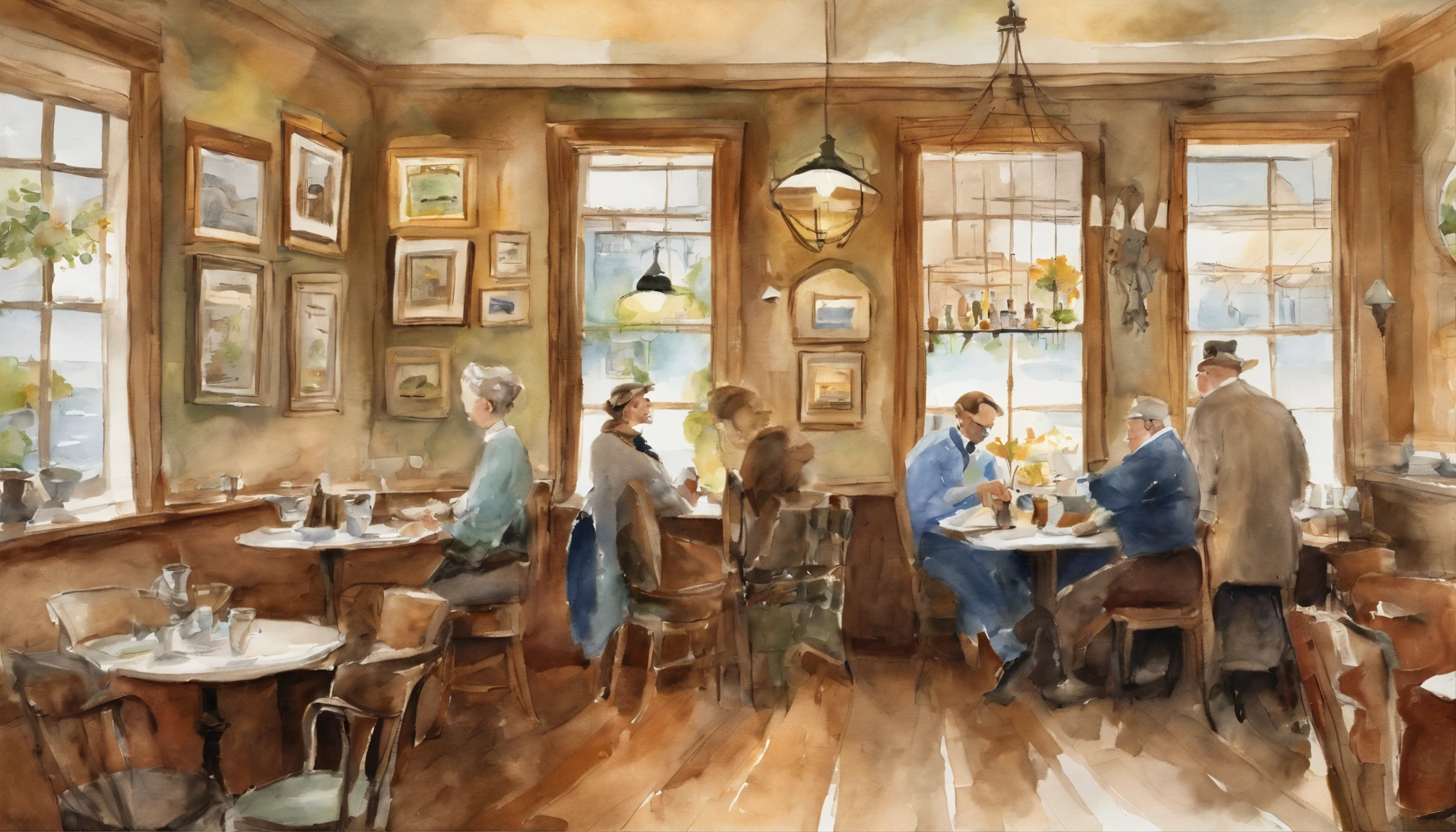 Curate a digital display on the café walls inspired by Edouard Caplain, showcasing heartwarming moments of patrons and their pets, echoing the style of Norman Rockwell