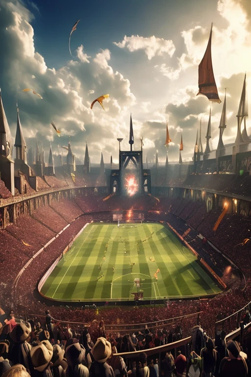 arafed Stade with a large crowd of people watching a soccer game, soccer Stade, epic Atmosphère époustouflante, wizards on broomsticks flying through the sky, very Ambiance épique, Atmosphère époustouflante, Art fantastique grand angle, Stade, Stade landscape, Rendu fantaisie 3D, Rendu 3D et matte painting, arène sportive futuriste, stuning Rendu fantaisie 3D, Ambiance épique, Ambiance magnifique, Belle ambiance, art cg