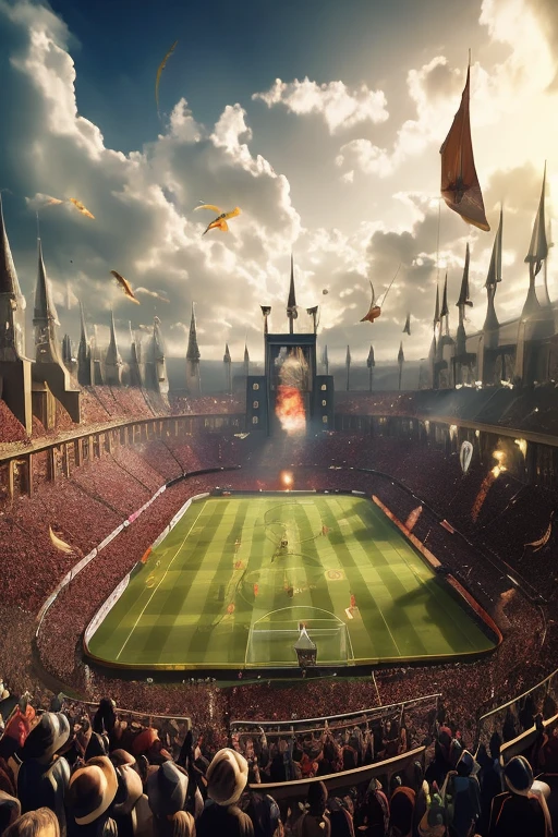 arafed Stade with a large crowd of people watching a soccer game, soccer Stade, epic Atmosphère époustouflante, wizards on broomsticks flying through the sky, very Ambiance épique, Atmosphère époustouflante, Art fantastique grand angle, Stade, Stade landscape, Rendu fantaisie 3D, Rendu 3D et matte painting, arène sportive futuriste, stuning Rendu fantaisie 3D, Ambiance épique, Ambiance magnifique, Belle ambiance, art cg