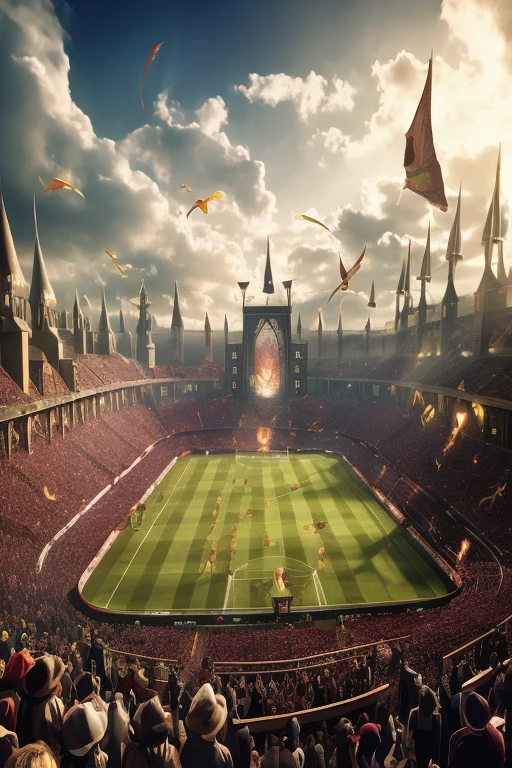 arafed Stade with a large crowd of people watching a soccer game, soccer Stade, epic Atmosphère époustouflante, wizards on broomsticks flying through the sky, very Ambiance épique, Atmosphère époustouflante, Art fantastique grand angle, Stade, Stade landscape, Rendu fantaisie 3D, Rendu 3D et matte painting, arène sportive futuriste, stuning Rendu fantaisie 3D, Ambiance épique, Ambiance magnifique, Belle ambiance, art cg