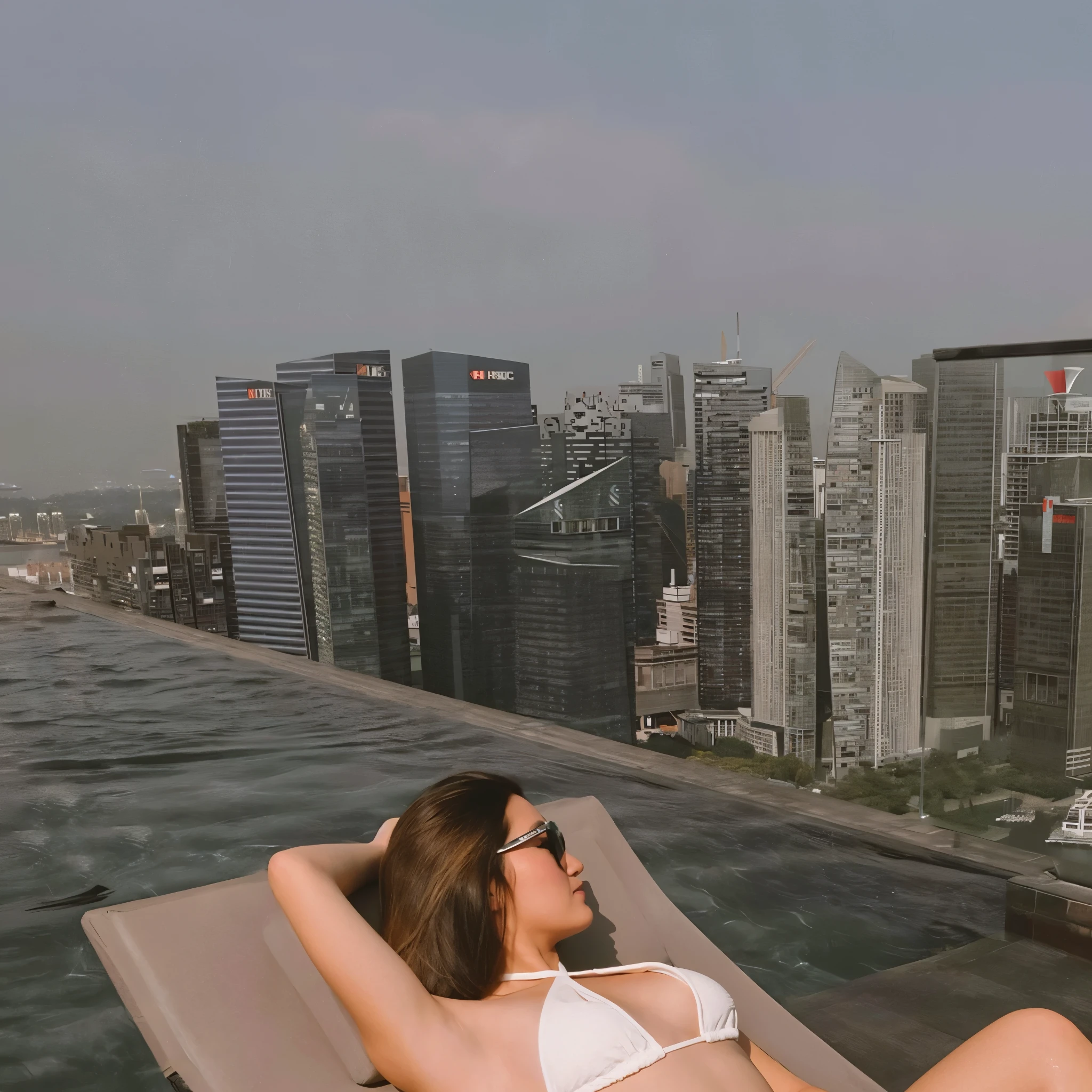 woman in white bikini laying on a lounger overlooking a city, on rooftop, in a rooftop, in a luxurious pool, on a rooftop, sits on a rooftop, chill time. good view, next to a pool, sexy :8, sitting on a skyscraper rooftop, gemma chen, set on singaporean aesthetic, cindy avelino