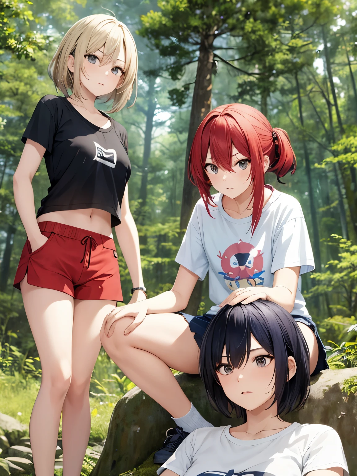 3 women, different hairstyles, different hair lengths, different hair colors, t-shirts, skirts or shorts, at the campsite, in the forest, angry expressions, focus on the face, half body, ultra detail