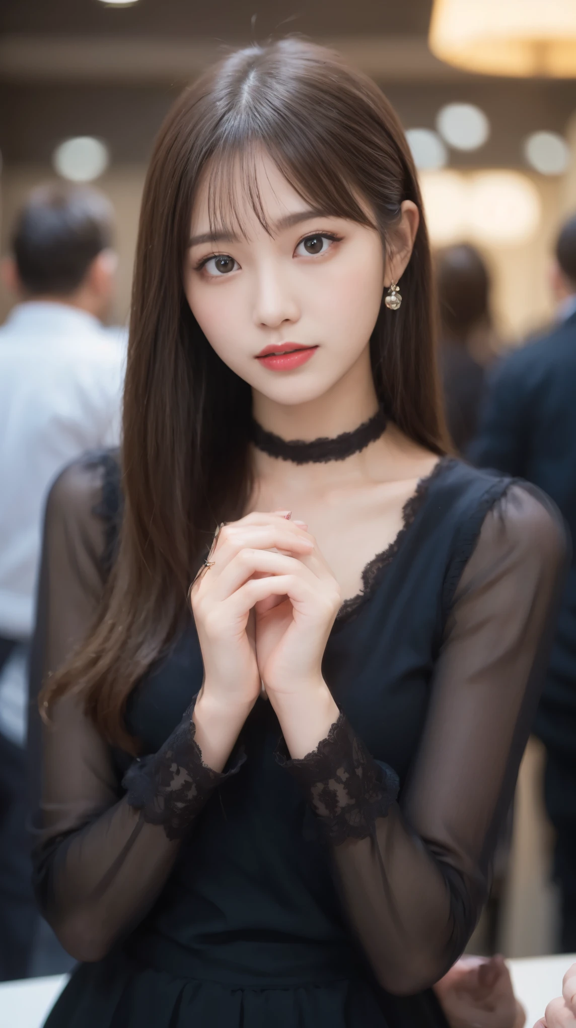 table top, highest quality, figure, super detailed, finely, High resolution, 8k wallpaper, 完璧なダイナミックな構figure, beautiful and fine eyes, Black Long Sleeve Dress,straight hair, natural color lip, bold sexy pose、20 year old girl、cute,Take a close-up photo of your face,sexy face,Face of sexual excitement at climax、blur the background,perfect and beautiful face,A look that invites men,met,anatomically correct body,blur the background