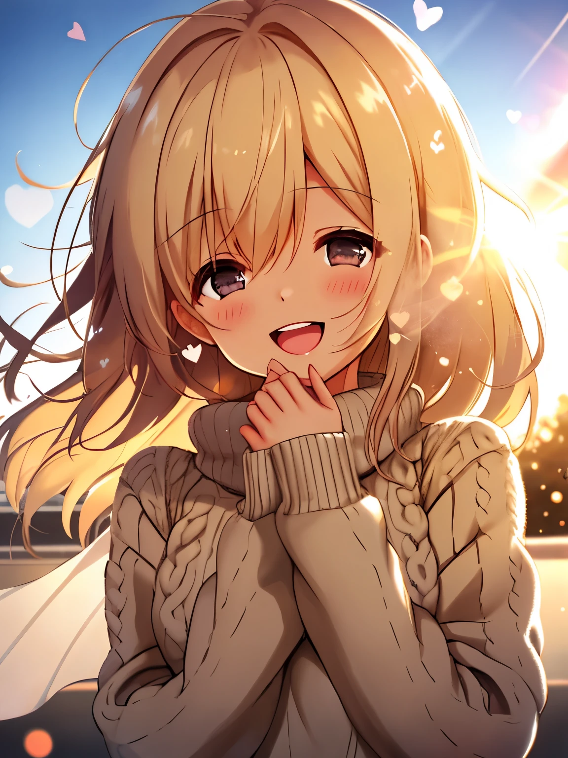 girl, cozy sweater, Upper body, (great laugh:1.1), (open your mouth:1.1), (wide open eyes:1.2), glare of the sun, Bokeh, Depth of bounds written, blurred background, particles of light, strong wind, (heart particles:1.1)