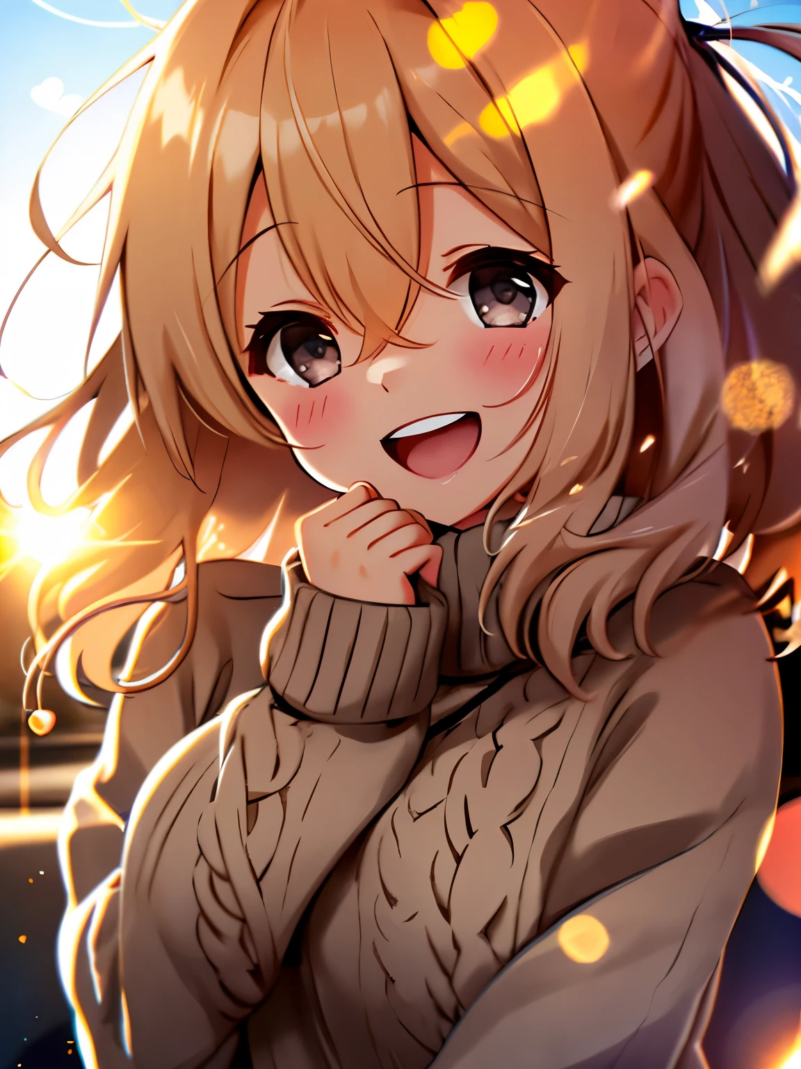 girl, cozy sweater, Upper body, (great laugh:1.1), (open your mouth:1.1), (wide open eyes:1.2), glare of the sun, Bokeh, Depth of bounds written, blurred background, particles of light, strong wind, (heart particles:1.1)