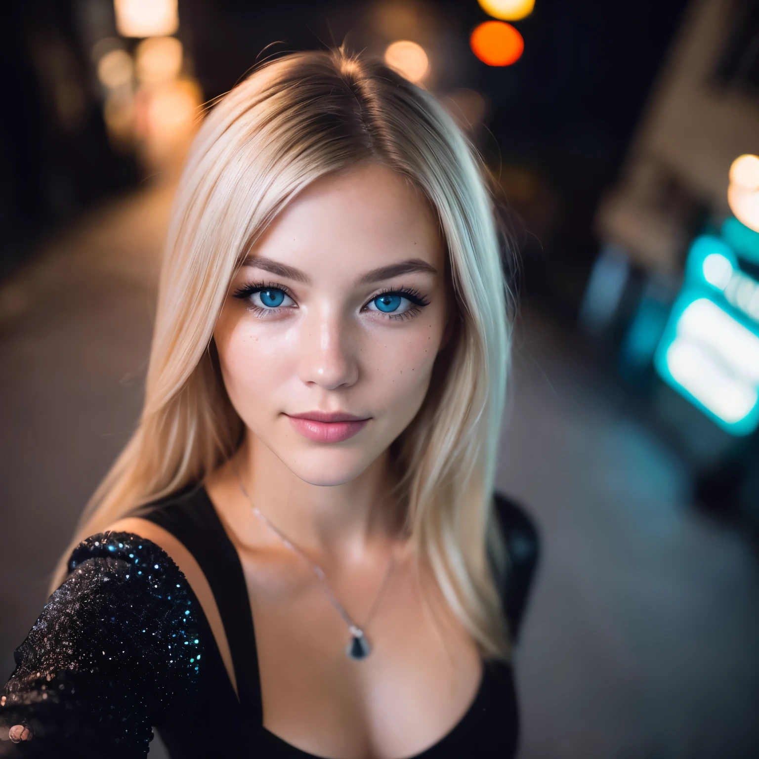 (selfie, top view: 1.4), (straight half of the body: 1.4), RAW UHD portrait photo of a 24-year-old blonde (blue-eyed woman) walking down a dark alley, large breasts,, city at night, (skirt), (neckline), details (textures! , hair! , glitter, color!! , disadvantages: 1.1), glossy eyes with high detail (looking at the camera), SLR lighting, SLR camera, ultra-quality, sharpness, depth of field, film grain (center), Fujifilm XT3, crystal clear, frame center, beautiful face, sharp focus, street lamp, neon lighting, bokeh (dimly lit), night, (night sky), detailed skin pores, oily skin, sunburn, complex eye details, full body,