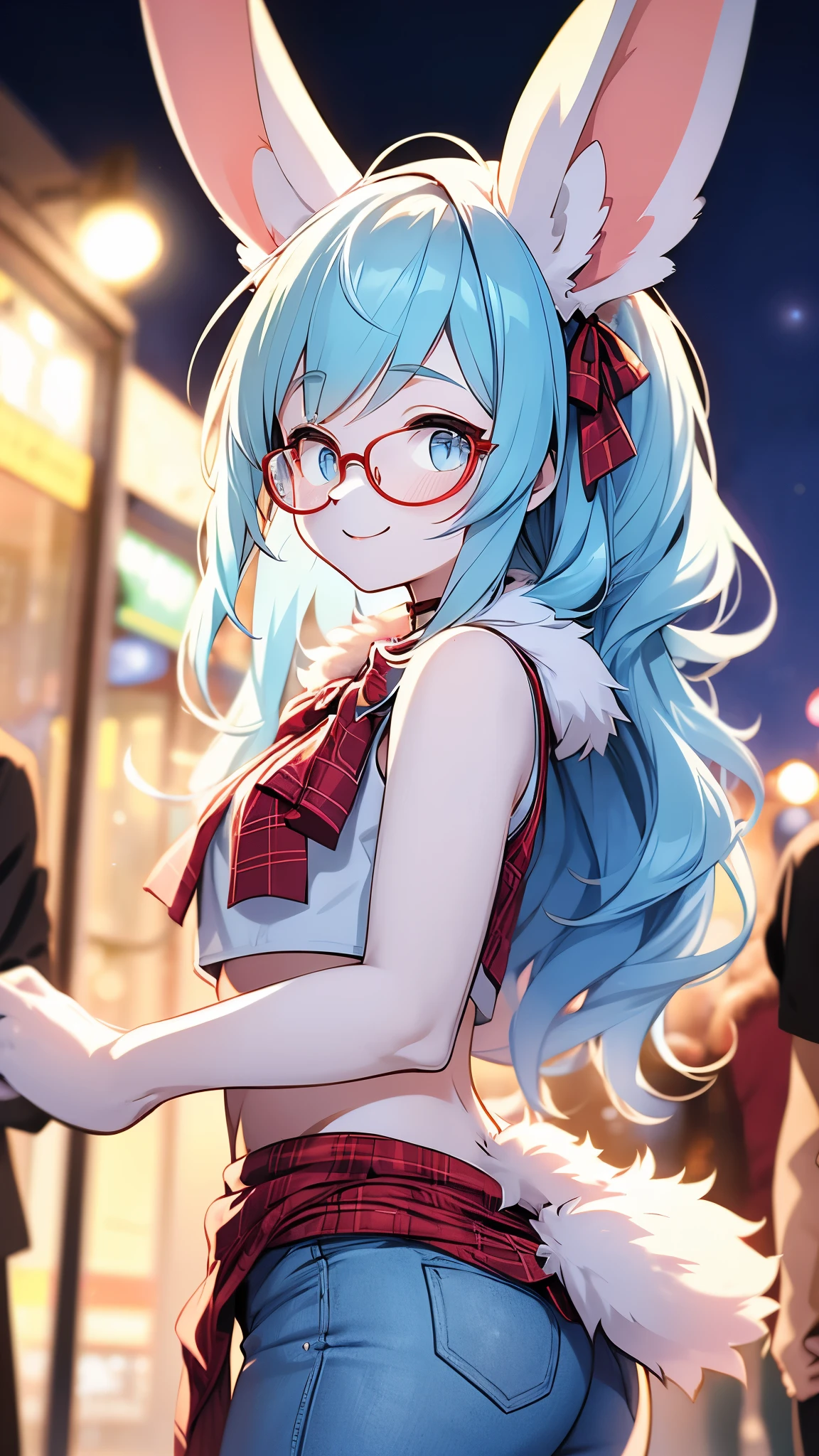 rabbit girl,furry,yellow long hair,white body fur,pubic fur,neck fur,ultra detailed fur,white crop top,visible belly,denim shorts,glasses,red plaid bow tie,red ribbon hairpin,looking at viewer,grin,blush,close eye,upper body only,night,public street,among crowd,side view