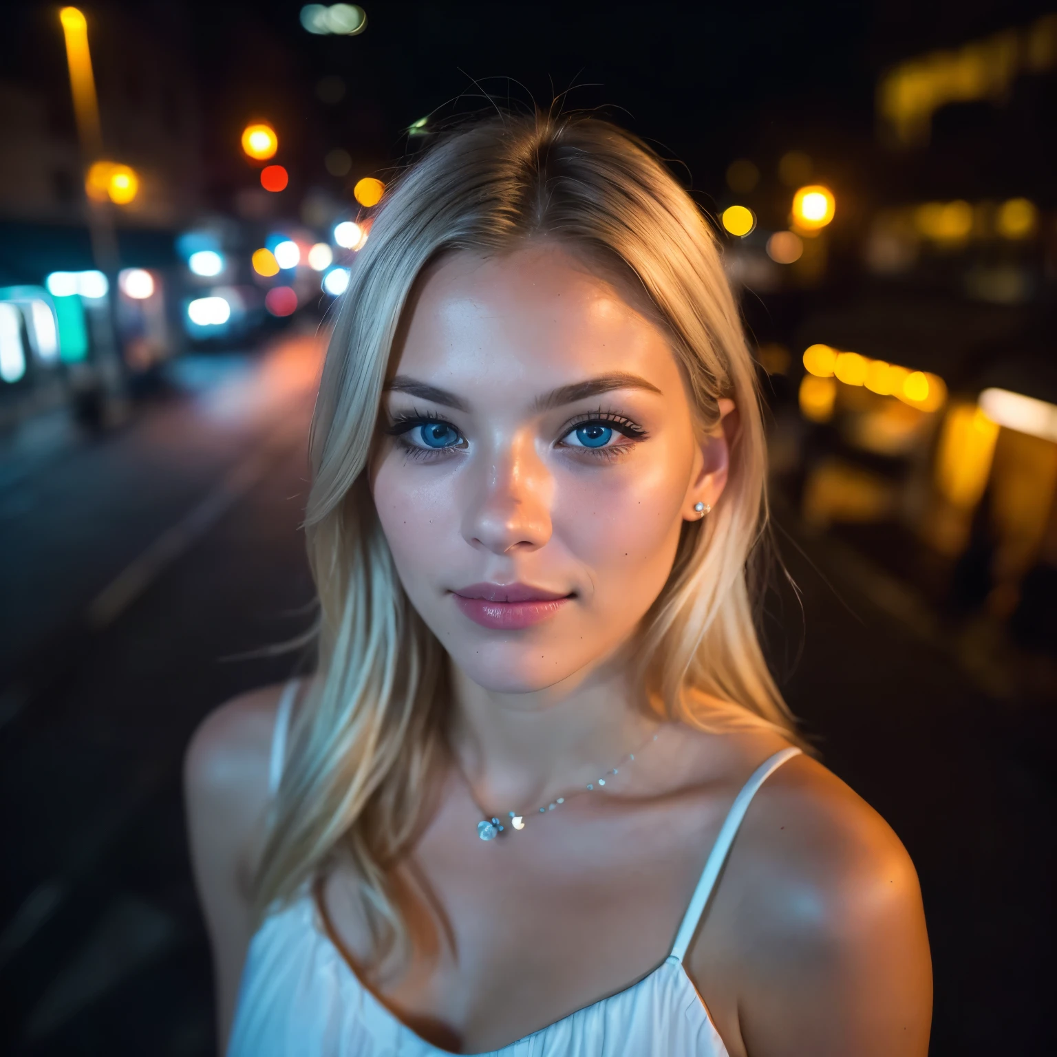 (selfie, top view: 1.4), (straight half of the body: 1.4), RAW UHD portrait photo of a 24-year-old blonde (blue-eyed woman) walking down a dark alley, large breasts,, city at night, (skirt), (neckline), details (textures! , hair! , glitter, color!! , disadvantages: 1.1), glossy eyes with high detail (looking at the camera), SLR lighting, SLR camera, ultra-quality, sharpness, depth of field, film grain (center), Fujifilm XT3, crystal clear, frame center, beautiful face, sharp focus, street lamp, neon lighting, bokeh (dimly lit), night, (night sky), detailed skin pores, oily skin, sunburn, complex eye details, full body, 