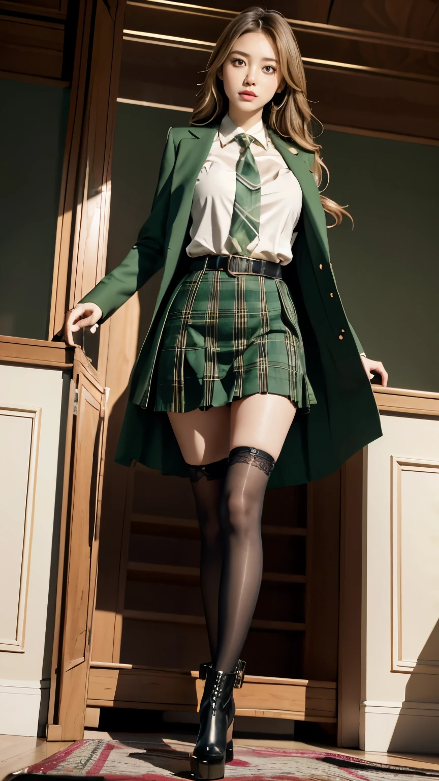 UHD,8K,girlvn01, 1girl,school,Big Eyes,Stunningly Beautiful Girl,green suit,Epaulette, 巨乳:1.3, pleated plaid green skirt,plaid red necktie, Long shaped face,Sandy Blonde side-swept hair,standing view back ,black stocking ,sofa,student boots high heels,full body,