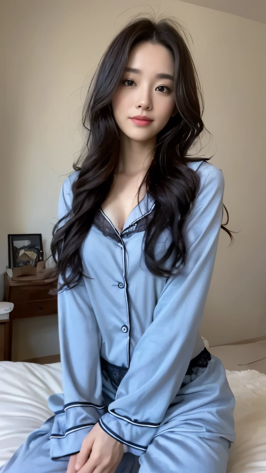 ((top-quality、8k、​masterpiece:1.3))、Beautiful woman with perfect body:1.4、slim abdomen:1.2、Longhair, normal breast, Highly detailed facial and skin texture, A detailed eye, delicate eyes, double eyelid, (smile), (full body shot), ((bedroom)), (sitting on bed), (((wearing blue pyjamas))), looking in front
