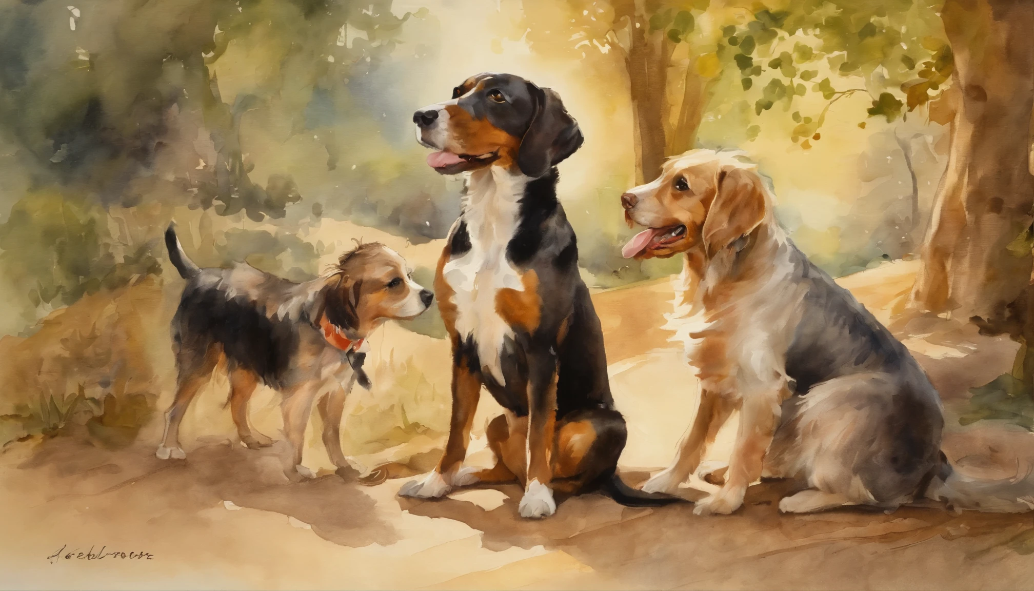 Generate an image bathed in a golden afternoon sun, echoing the style of a 1900 illustration artwork, showcasing Emily, Coco, and Baxter enjoying treats