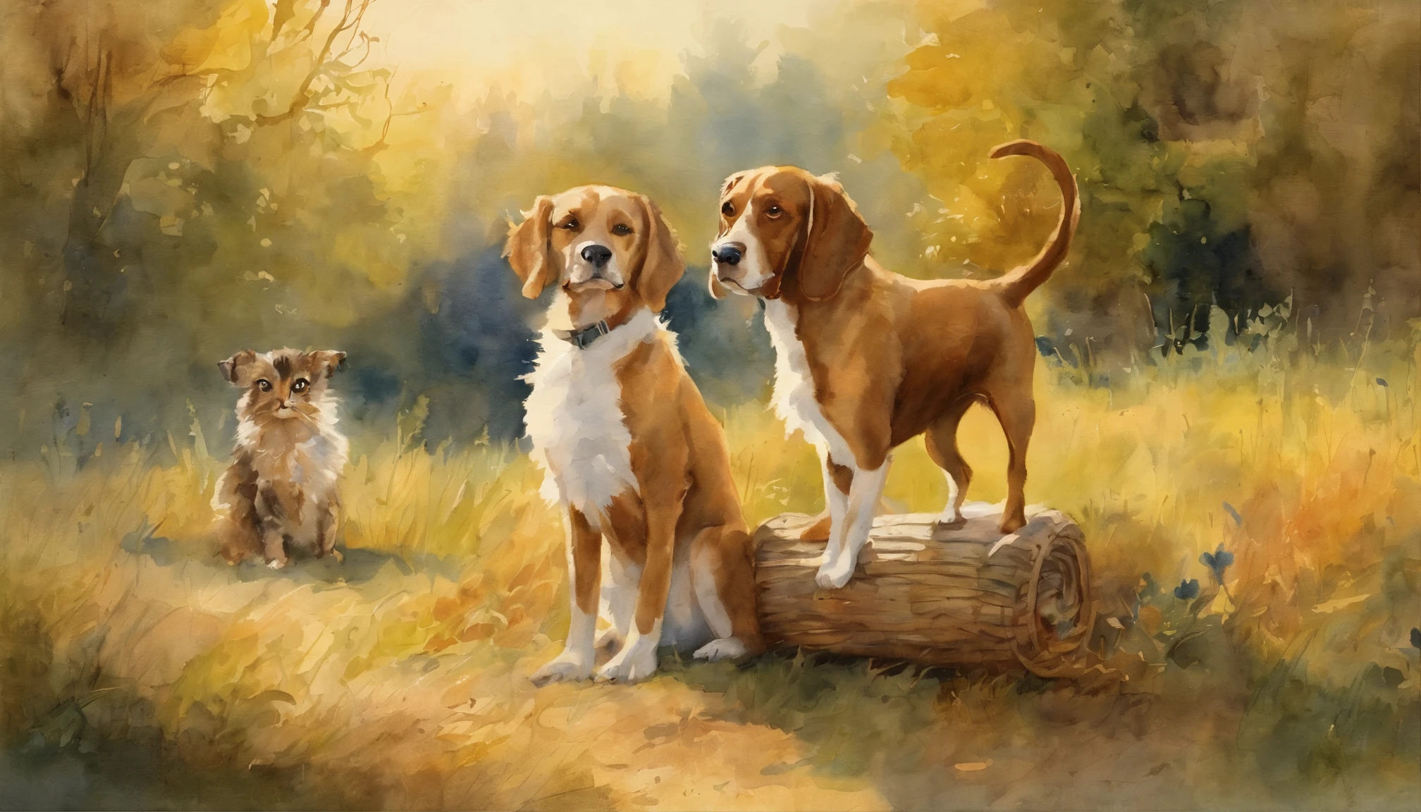 Generate an image bathed in a golden afternoon sun, echoing the style of a 1900 illustration artwork, showcasing Emily, Coco, and Baxter enjoying treats