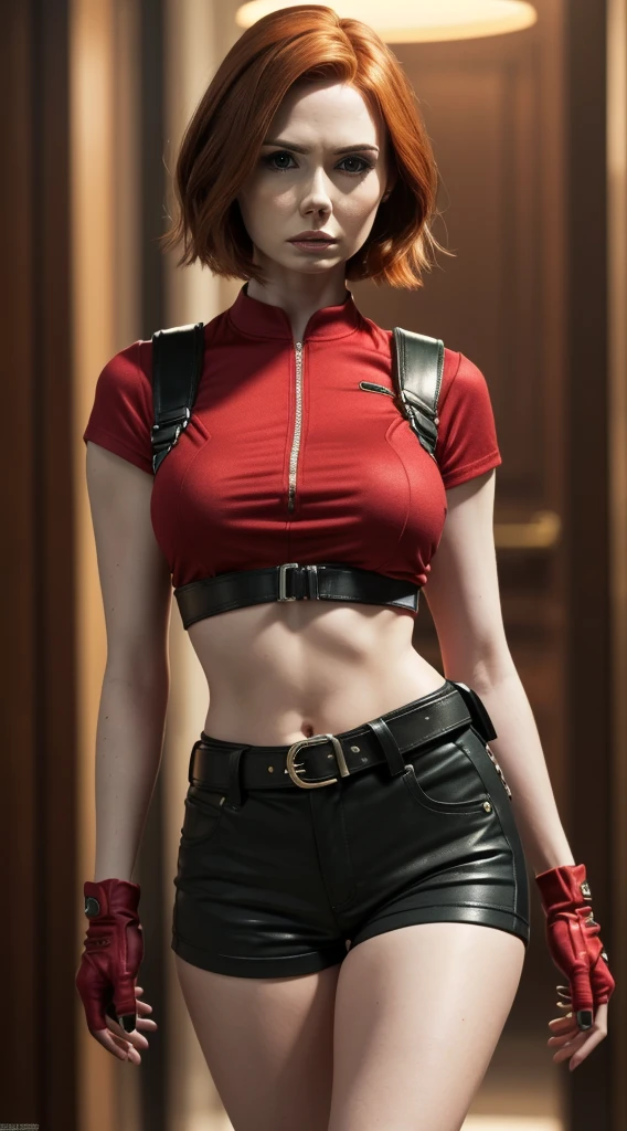 photorealistic Karen Gillan, beautiful woman very short hair red, sexy pose, sexy figure, (large breasts:1.3), (pokies), (cropped red shirt), (green short shorts), (shoulder holster), (fingerless gloves), (belt), (masterpiece) (best quality) (detailed) (8k) (HDR) (wallpaper) (cinematic lighting) (sharp focus) (intricate)