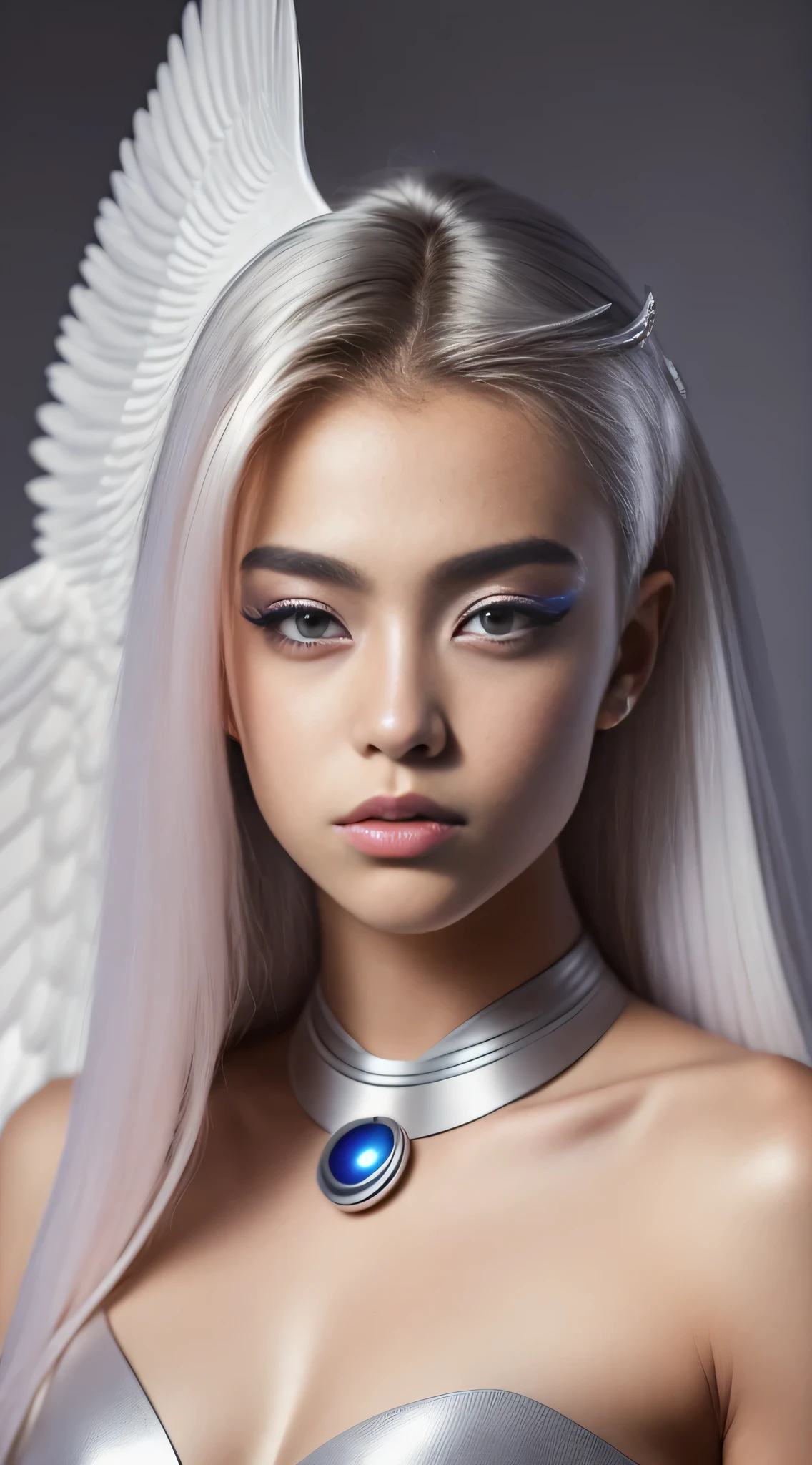 original photo, photo realist, High-resolution photo of an 18-year-old female, photo realistic, normal, fashion editorial, pretty face, very beautiful, perfect face, Chiseled facial features, giggle, Shy, Exotic and expressive hair, (futuristic silver makeup), Winged eyeliner, mascara, beautiful facial features, shirtless, small breasts, The shape of the chest is perfect, photo realistic, fine jewelry, Out of focus bokeh background, short depth of field, low contrast, accurate face, High quality detailed facial features, accurate hand, Accurate feet, posture,