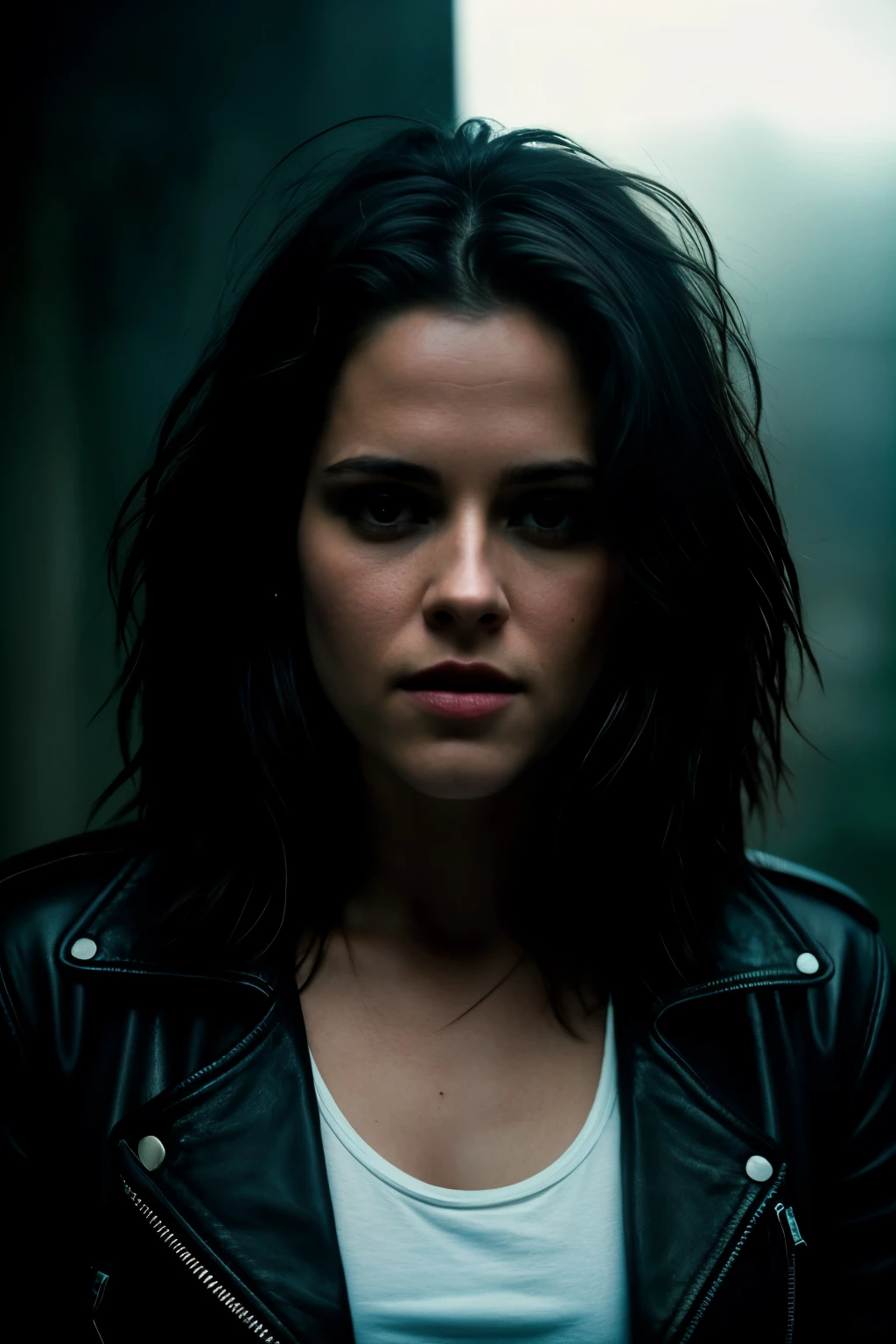 RAW photo, Kirsten Stewart, 30 years old, ((she is on the music video "nothing compares to you")), She is wearing a black leather jacket and underneath a white t-shirt And white panties, It's an artistic photo, hard shadows, cinematic shot, dramatic lighting. by Jeremy Lipking, by Antonio J. Manzanedo, by lee jeffries nikon d850 film stock photograph 4 kodak portra 400 camera f1.6 lens rich colors hyper realistic lifelike texture dramatic lighting unreal engine trending on artstation cinestill 800, fisheye lens.((slim, )), photorealistic, photo, masterpiece, realistic, realism, photorealism, high contrast, photorealistic digital art trending on Artstation 8k HD high definition detailed realistic, detailed, skin texture, hyper detailed, realistic skin texture, armature, best quality, ultra high res, (photorealistic:1.4),, high resolution, detailed, raw photo, sharp re, by lee jeffries nikon d850 film stock photograph 4 kodak portra 400 camera f1.6 lens rich colors hyper realistic lifelike texture dramatic lighting unrealengine trending on artstation cinestill 800,