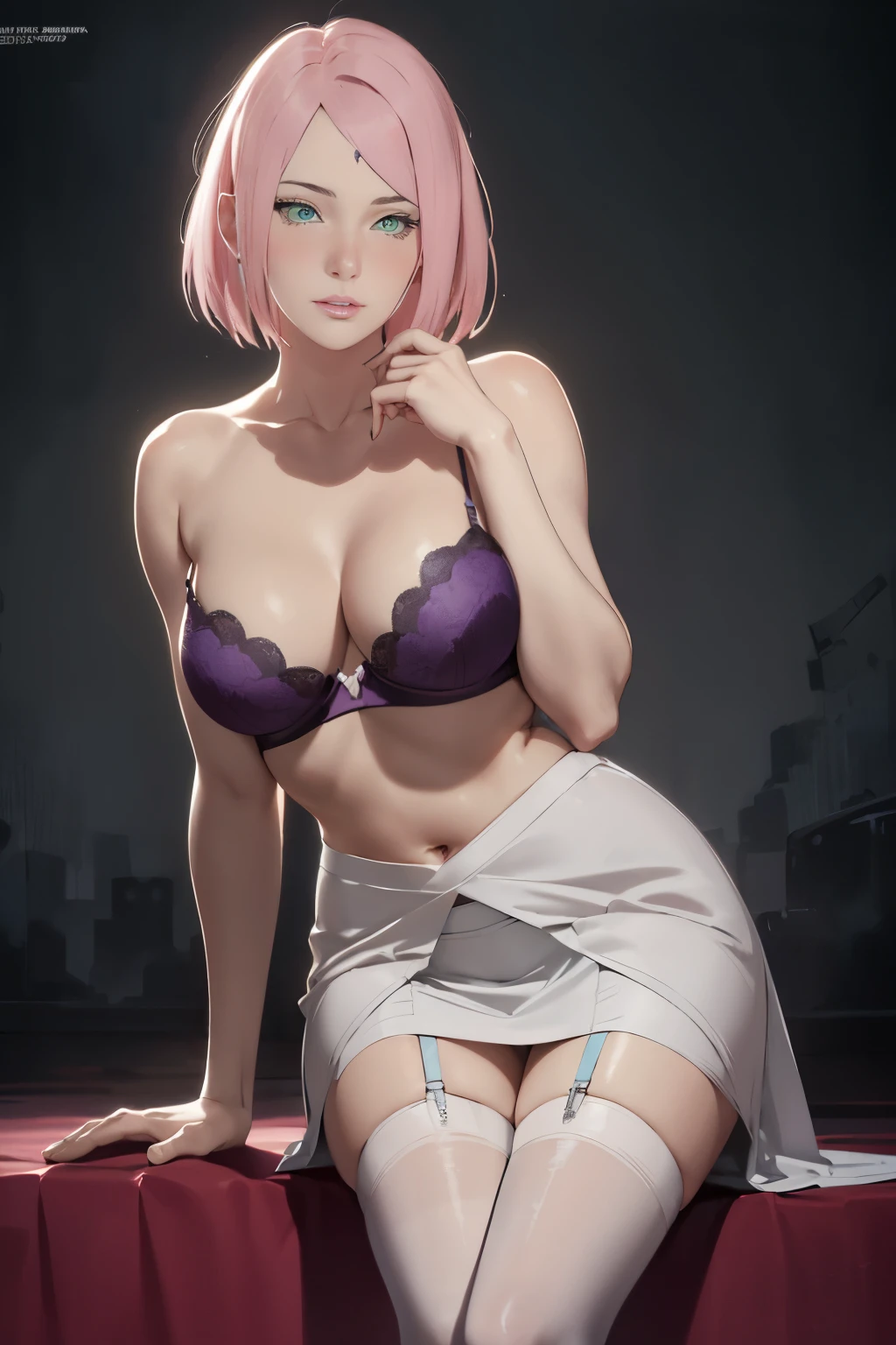 masterpiece, absurdres, sakura\(boruto\), 1girl, solo,mature female, gothic purple bra lenjerie, detailed gothic purple thong lenjerie, using white skirt), perfect composition, detailed lips, breast, beautiful face, body propotion, blush, (pink lips), short hair,  green eyes,  soft gaze,  super realistic, detailed, photoshoot, realistic face and body, thighhighs, full body, erotic pose, provocative pose, waiting sex pose